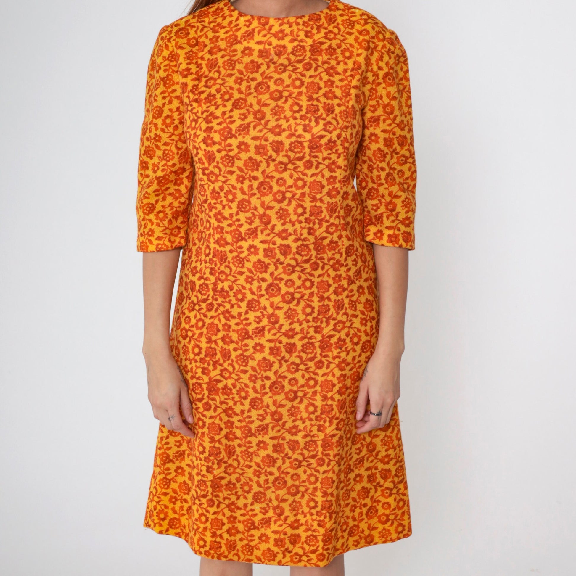 60s Floral Wool Shift Dress Yellow Orange Mod 3/4 Sleeve Small