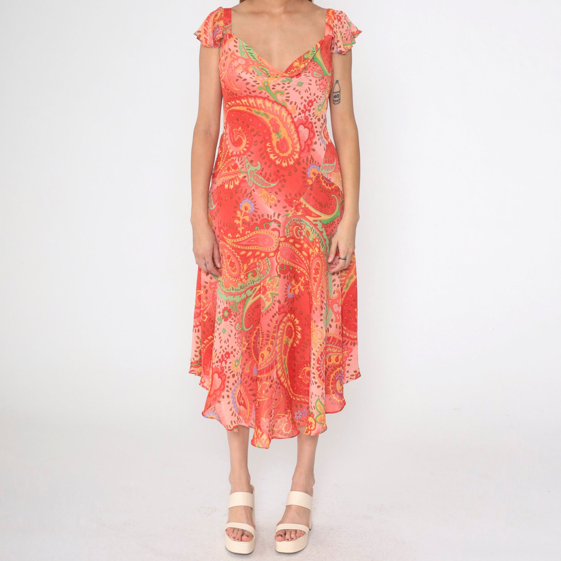 Y2K Paisley Midi Dress Coral Pink Flutter Sleeve Cowl Neck Large 14