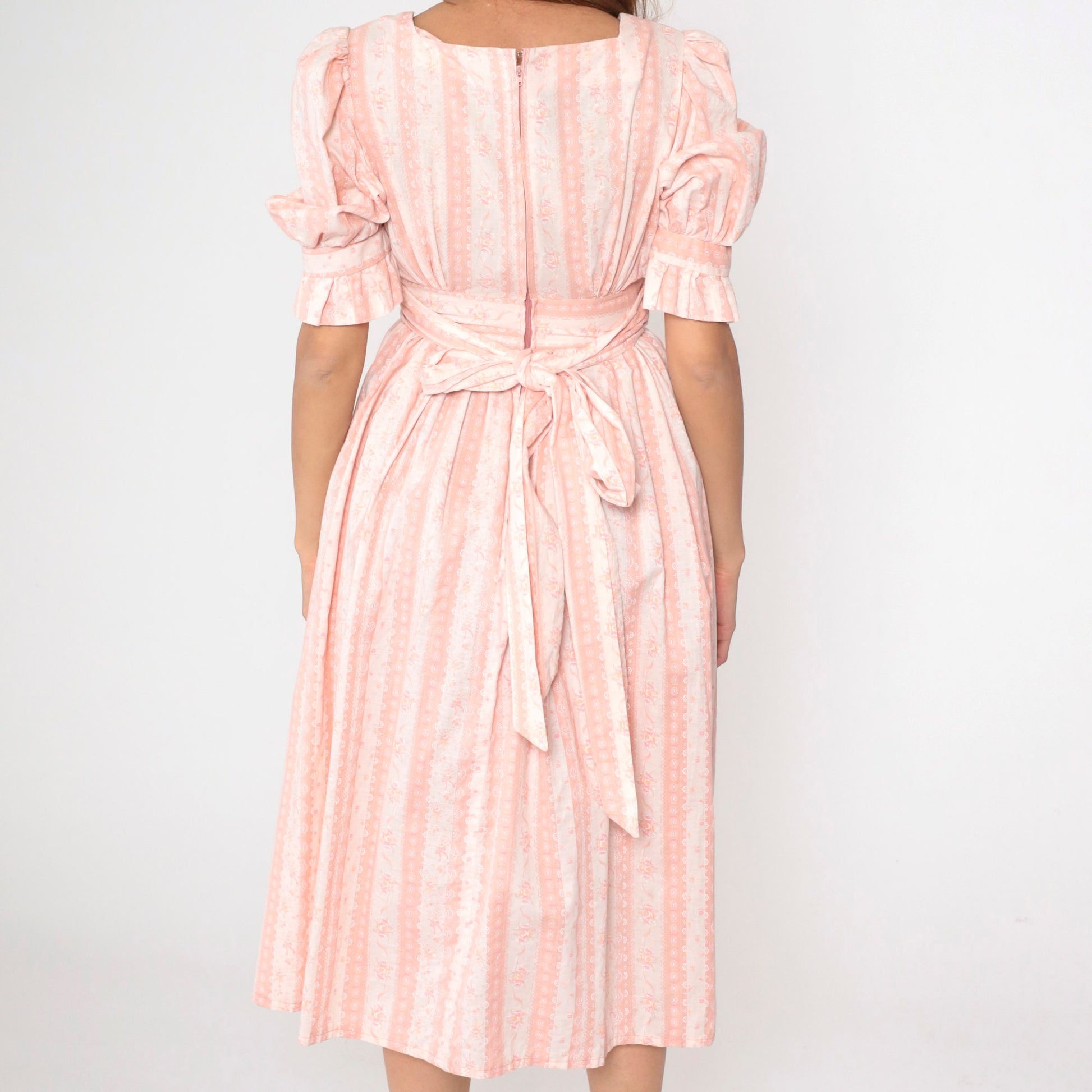 70s Pink Floral Midi Dress Puff Sleeve High Waist Small