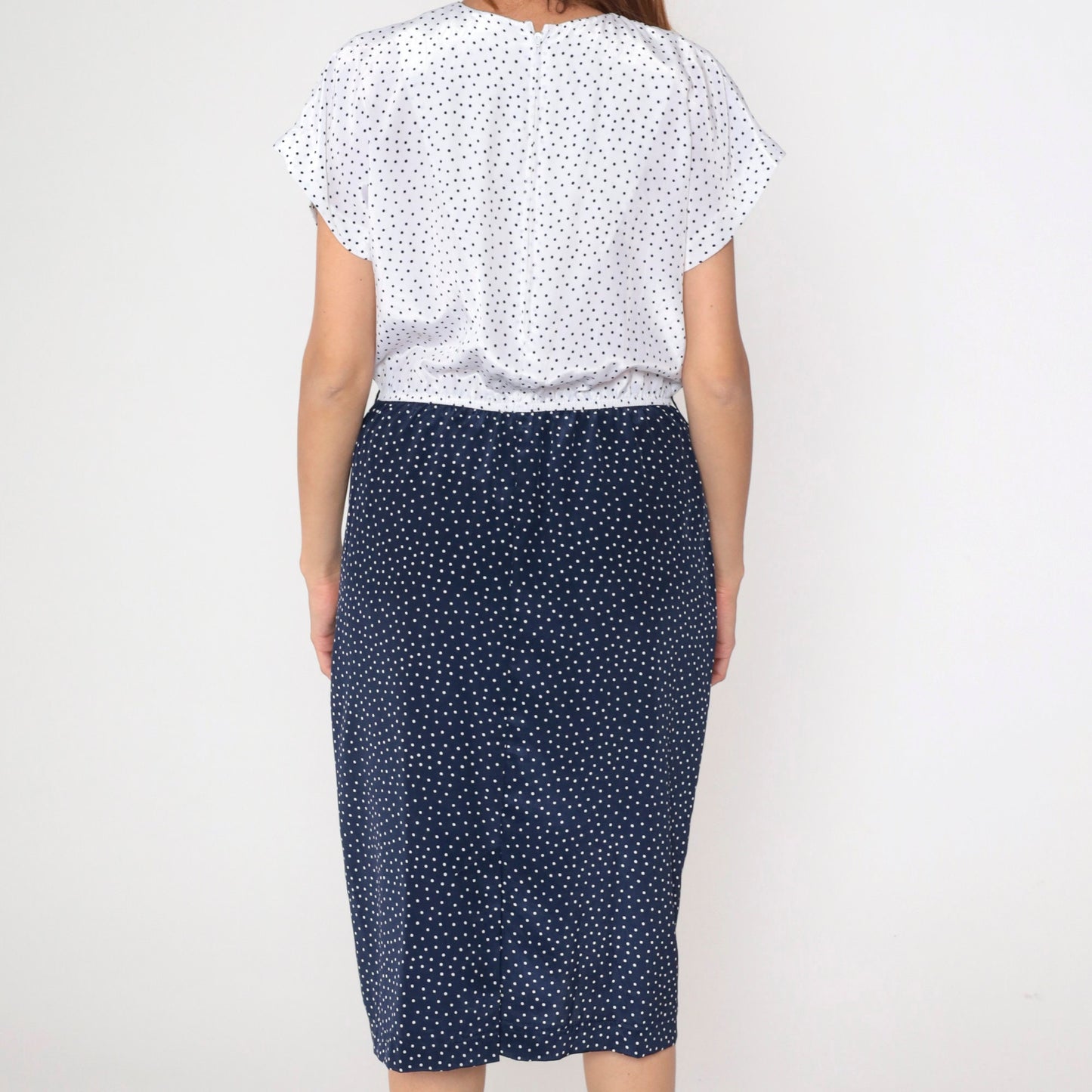 80s Leslie Fay Polka Dot Knee-Length Dress Navy White High-Waisted Medium