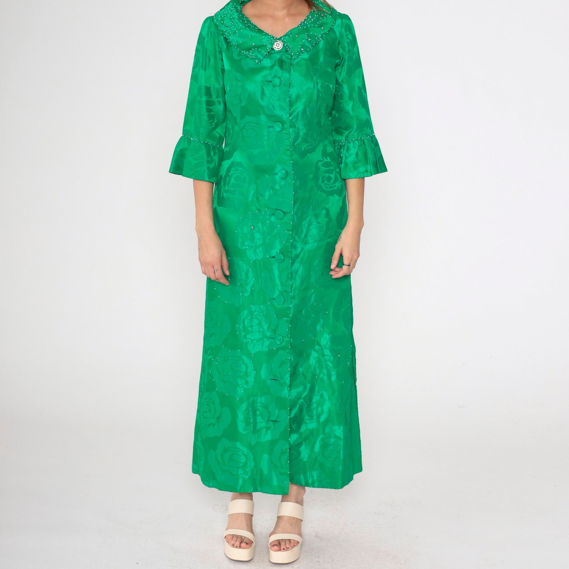 60s Alice of California Green Jacquard Floral Maxi Dress Pearl Beaded Peter Pan Collar Small