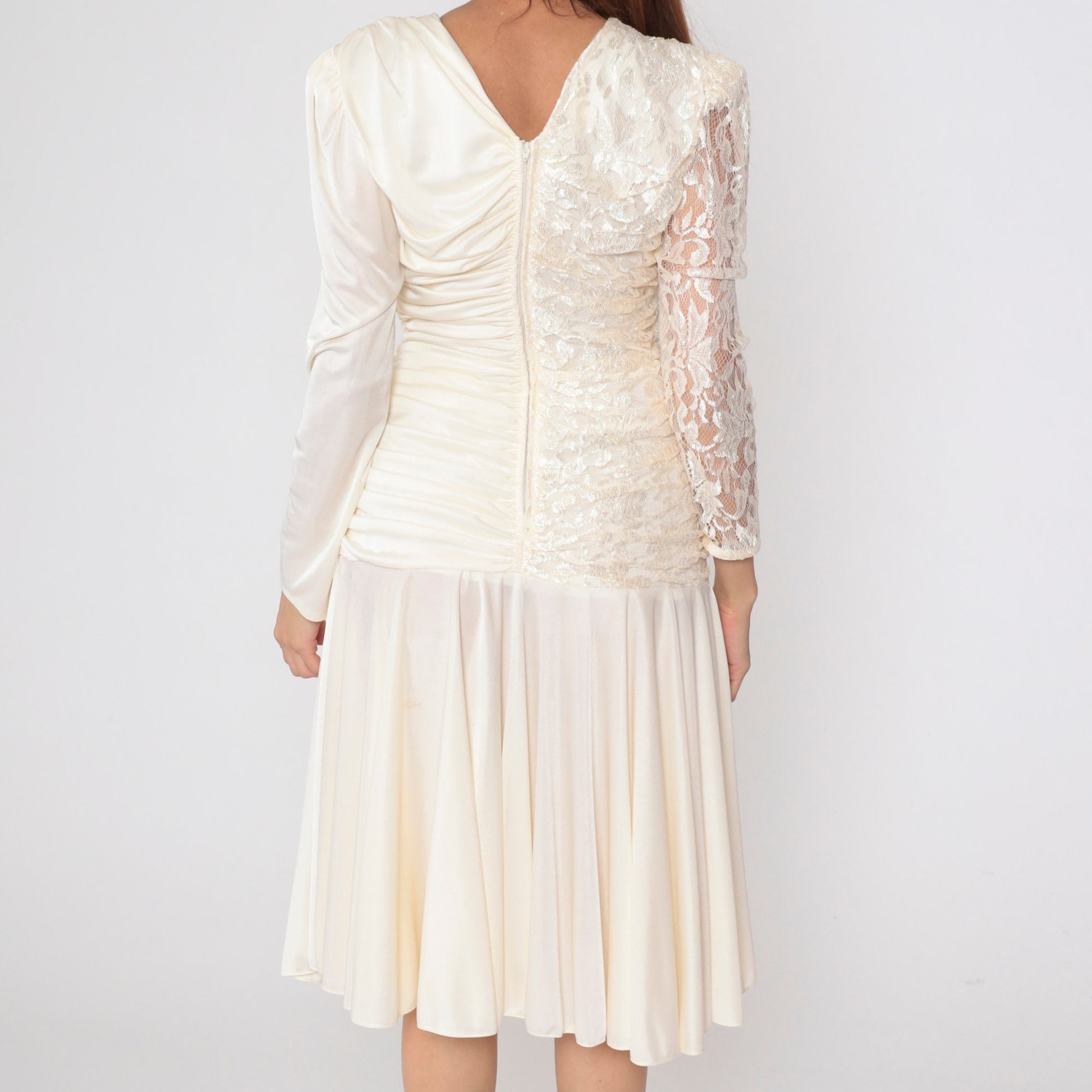 80s Off-White Lace Midi Dress Beaded Sequin V-Neck Puff Sleeve Small