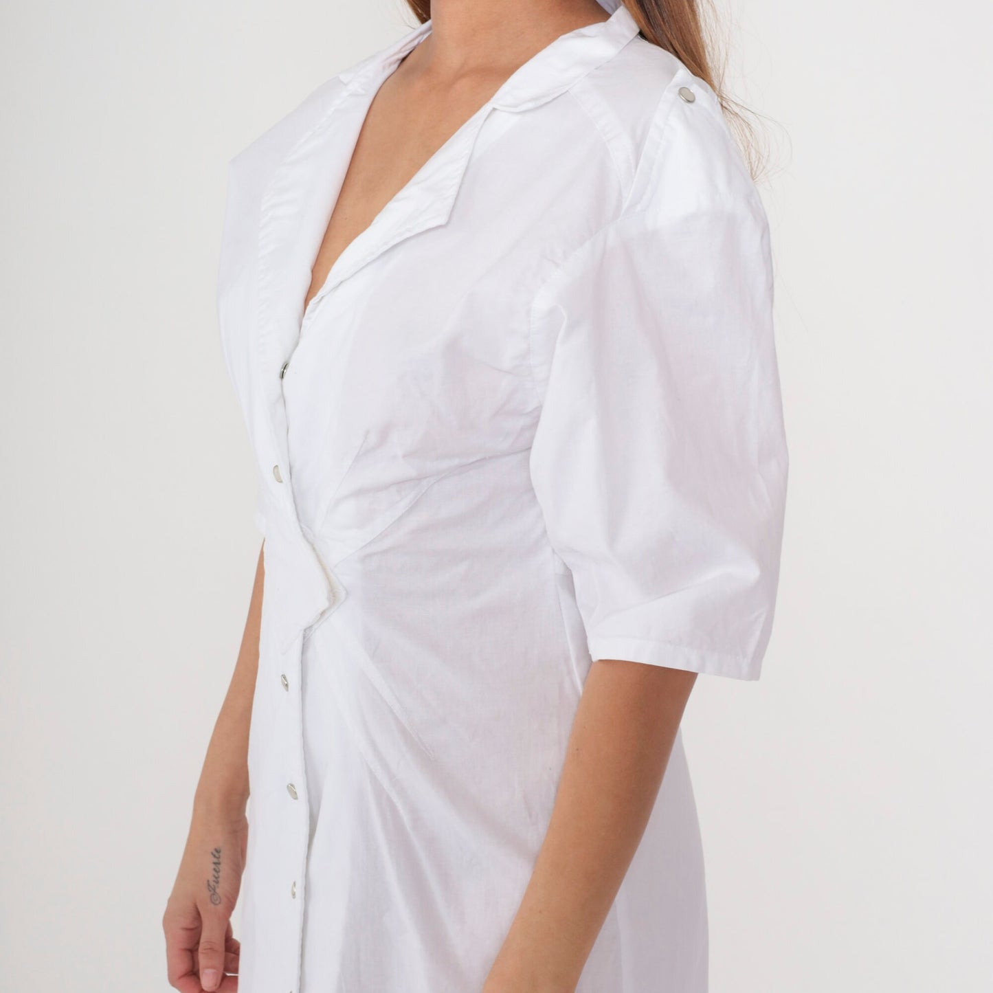 80s White Cotton Midi Dress Notched Collar Pearl Snap Diamond Inset Small