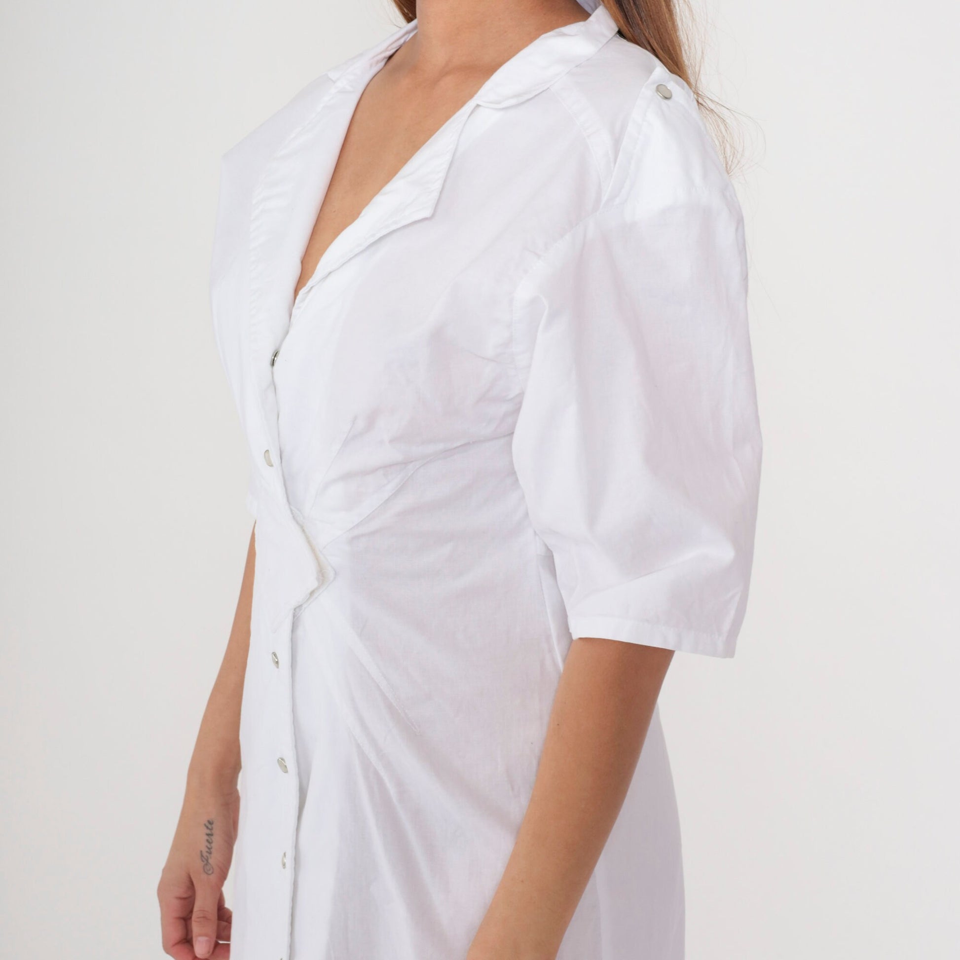 80s White Cotton Midi Dress Notched Collar Pearl Snap Diamond Inset Small