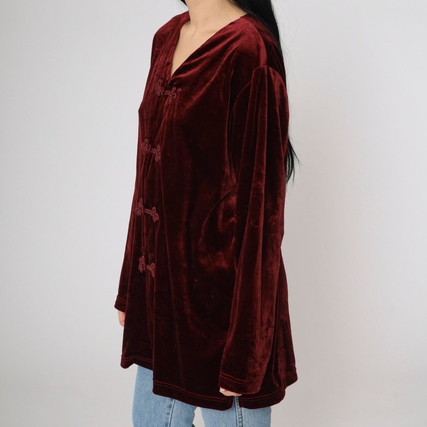 Y2K Burgundy Velvet Mandarin Collar Blouse Frog Closure Long Sleeve Large