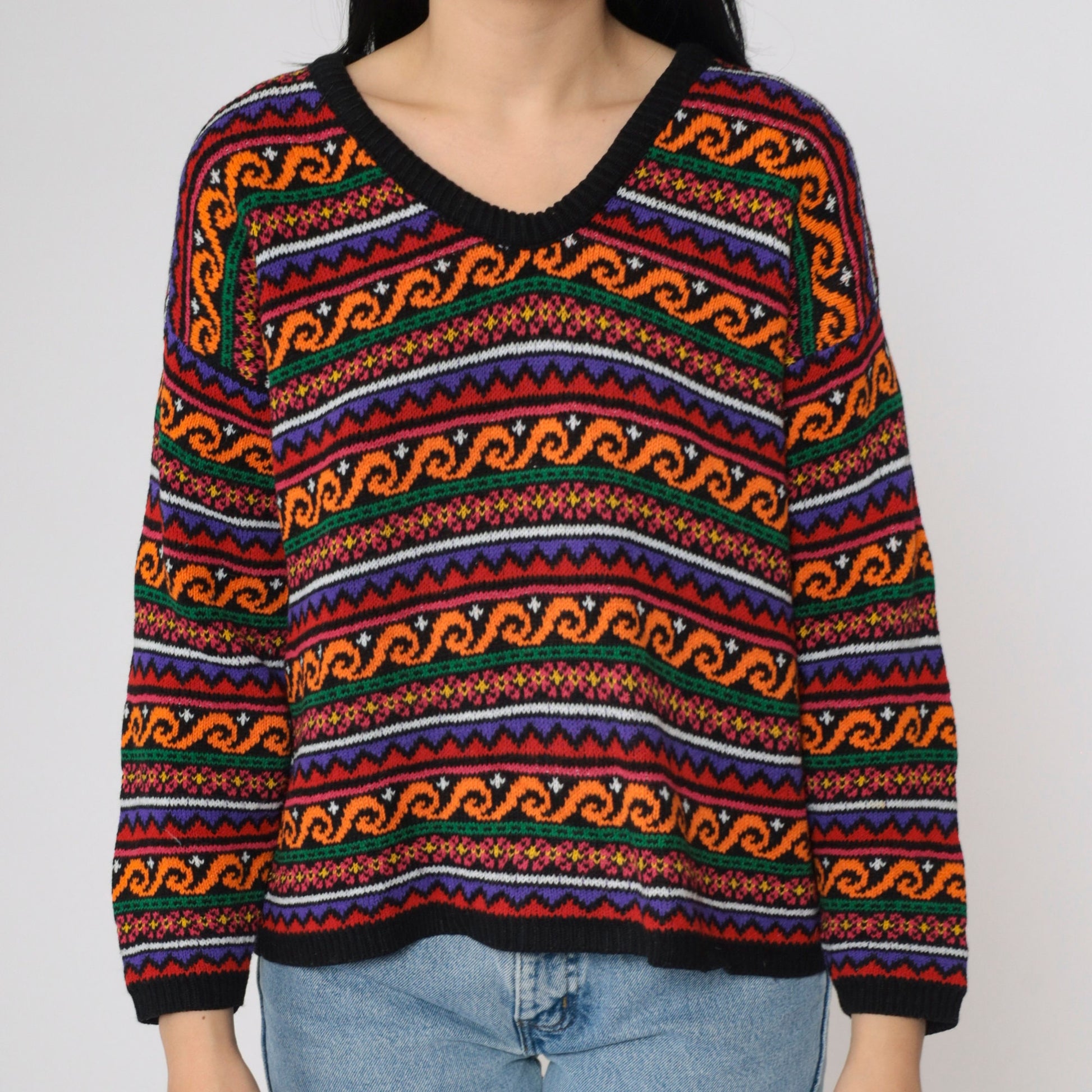 90s Geometric Floral Knit Sweater Black Orange V-Neck Pullover Medium M