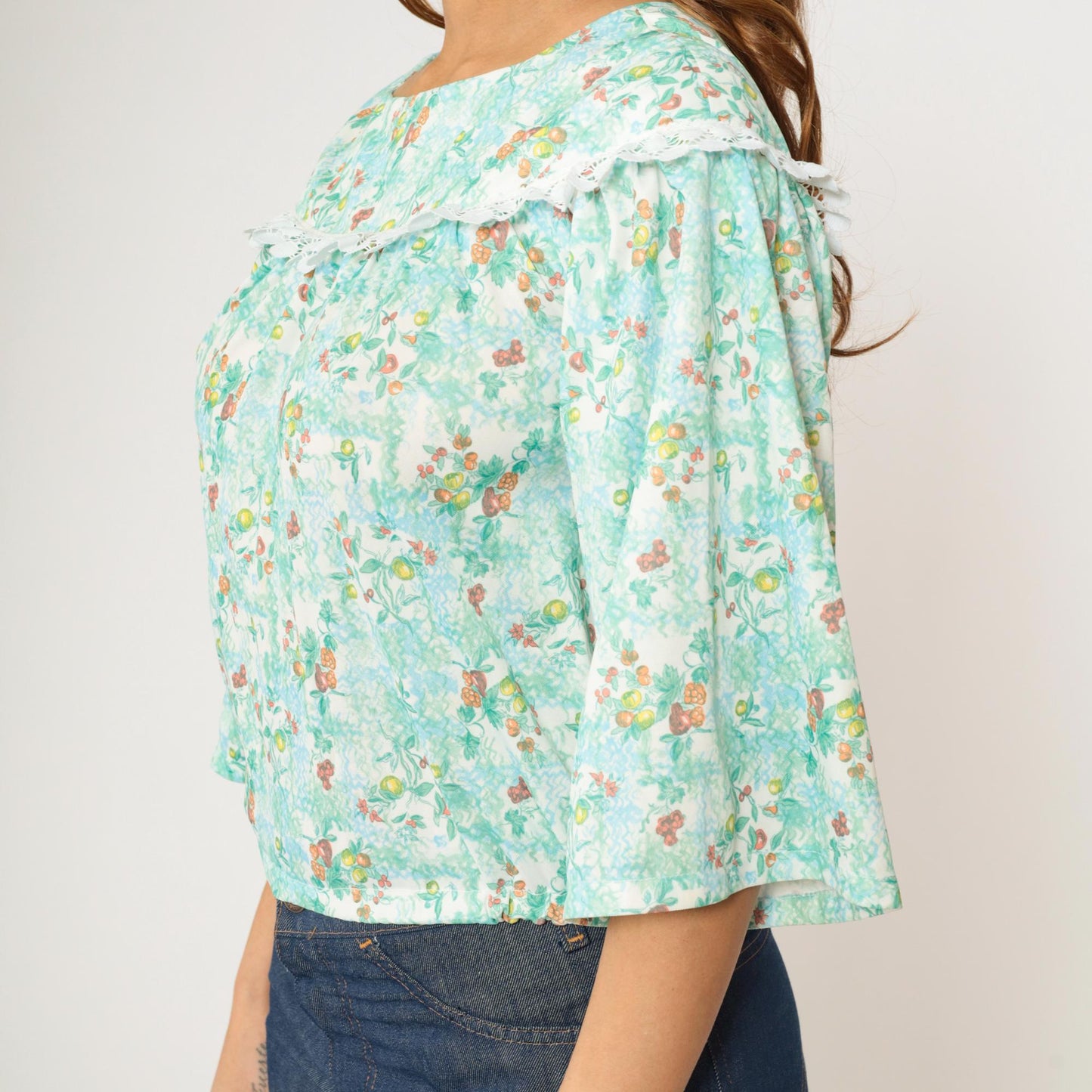 70s Peasant Blouse Fruit Print Crop Top Blue Green 3/4 Sleeve Extra Small