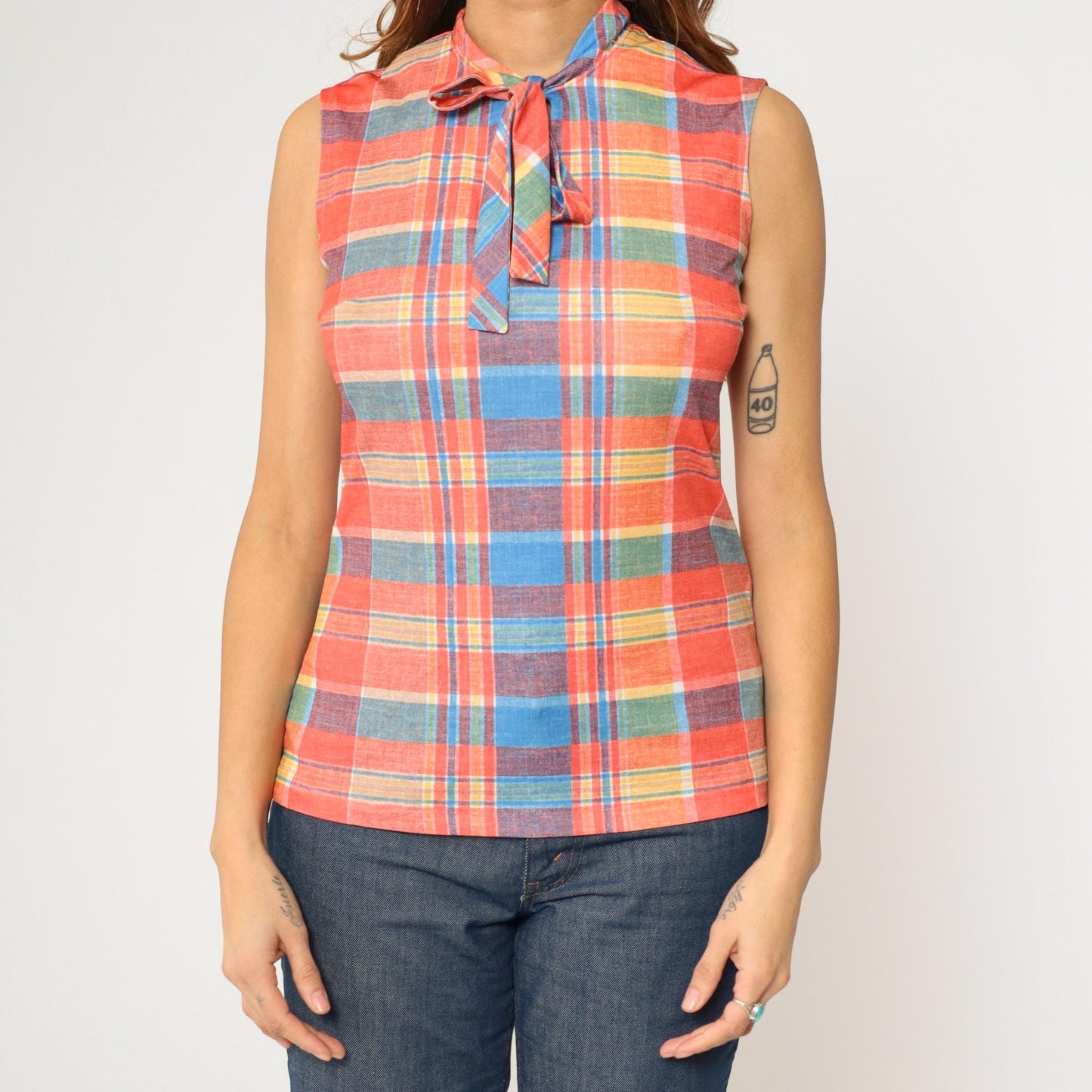 70s Checkered Tank Top Ascot Neckline Sleeveless Blouse Orange Blue Yellow Small