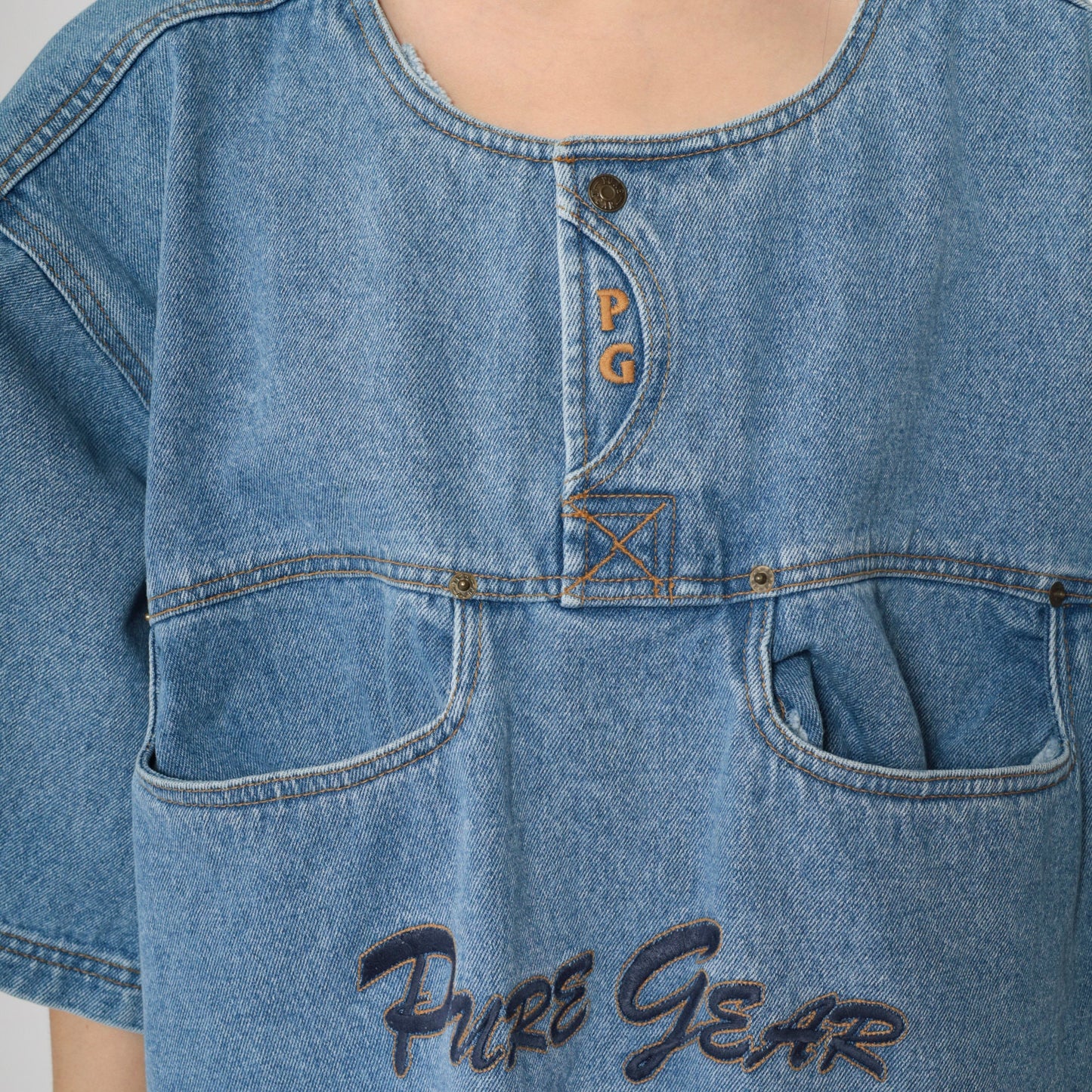 90s Pure Gear Denim Mini Dress Blue Utility Pockets Short Sleeve Extra Large