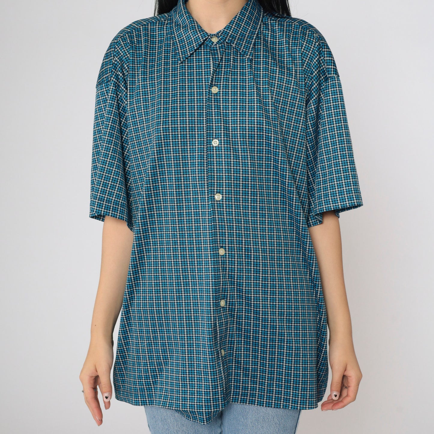 Gap Y2K Blue Houndstooth Button-Up Shirt Men's Extra Large XL