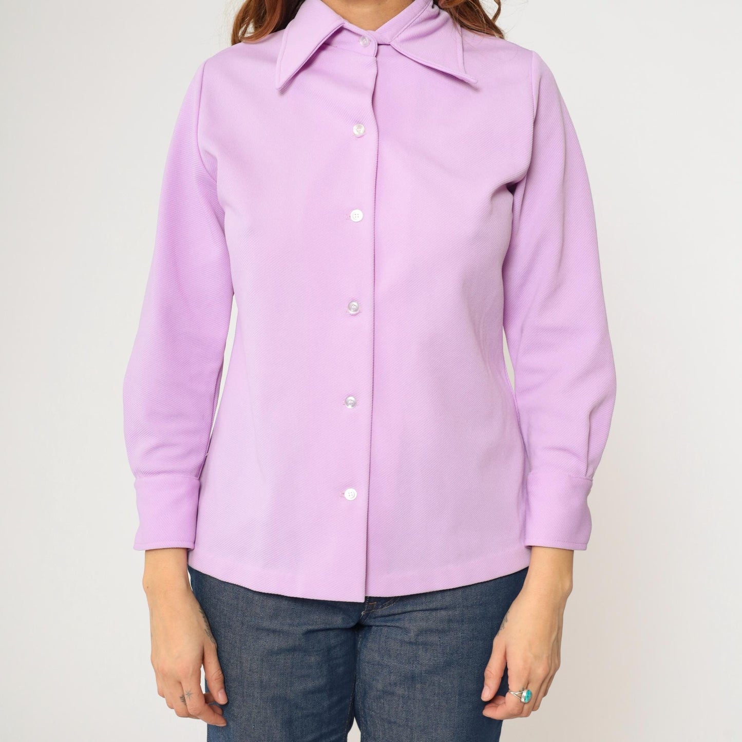 70s Lavender Button Up Blouse Dagger Collar Long Sleeve Shirt Medium