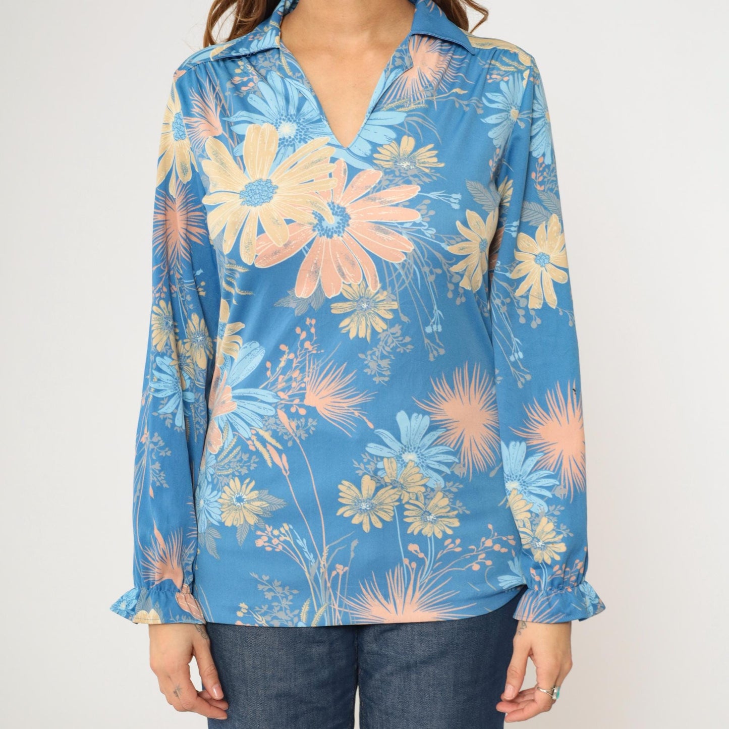 70s Floral Shirt Blue Flower Print V-Neck Pointed Collar Long Sleeve Medium