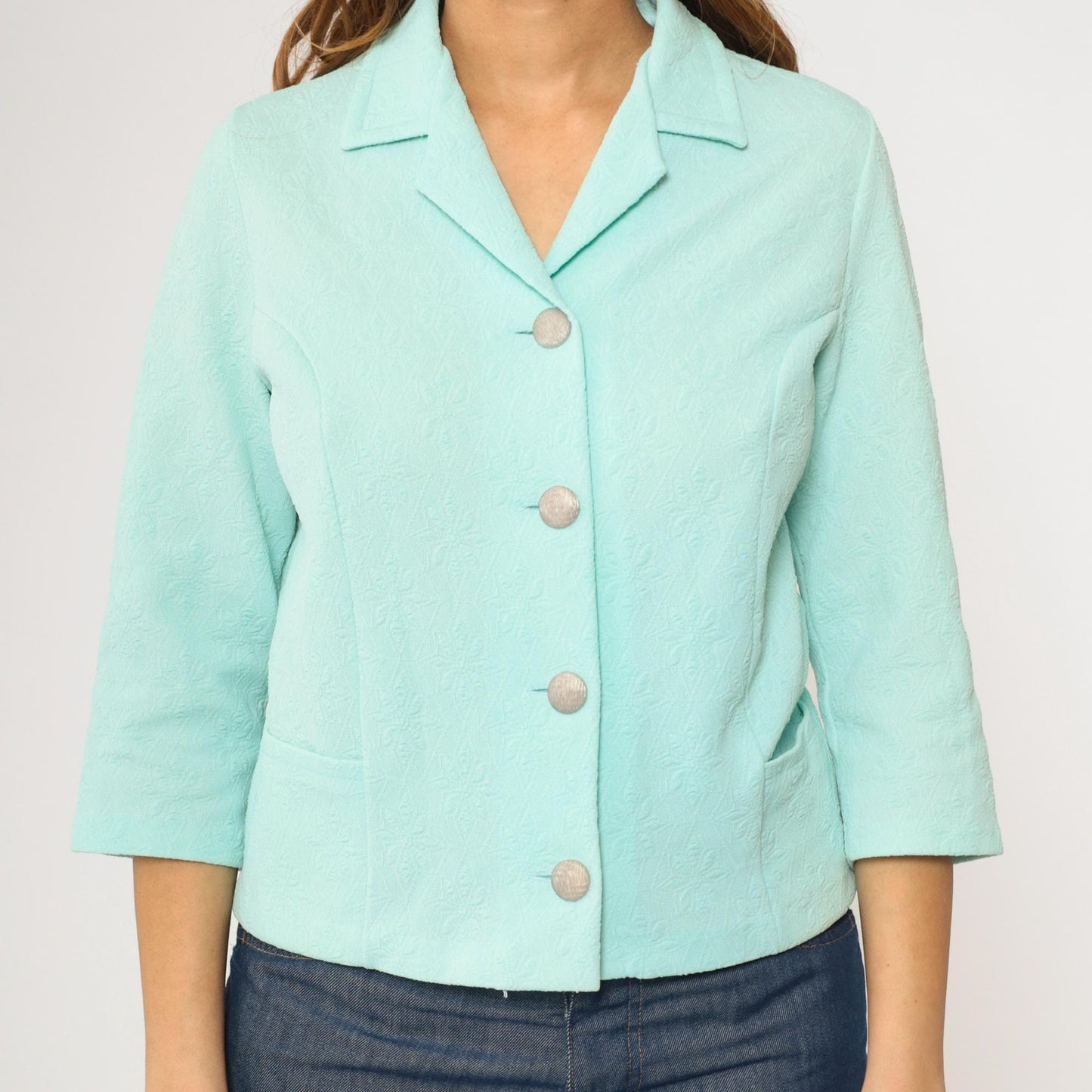 70s Pastel Turquoise Button-Up Blouse Textured Floral Polyester Collar Small