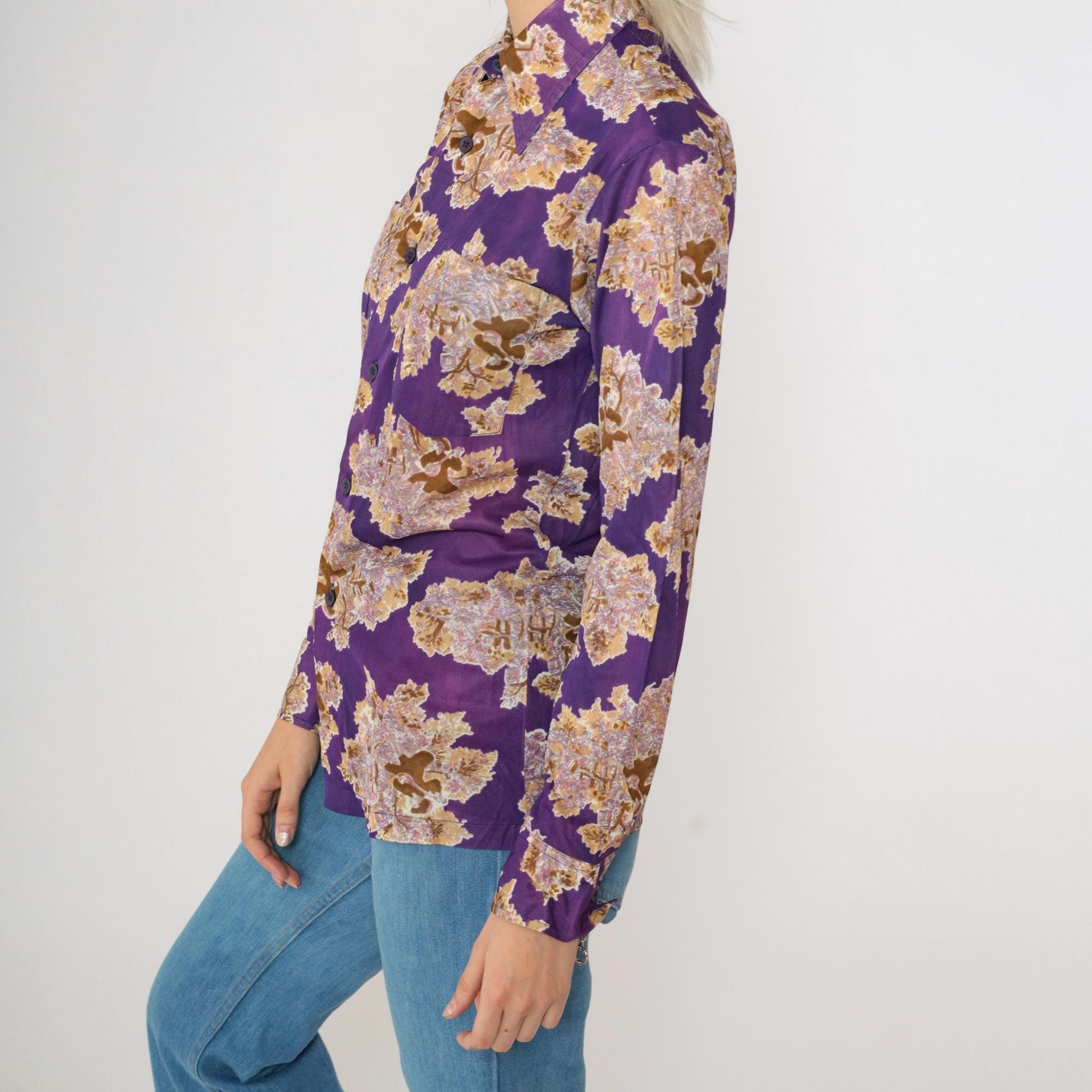70s Purple Pastoral Lute Player Dagger Collar Shirt Long Sleeve Extra Small