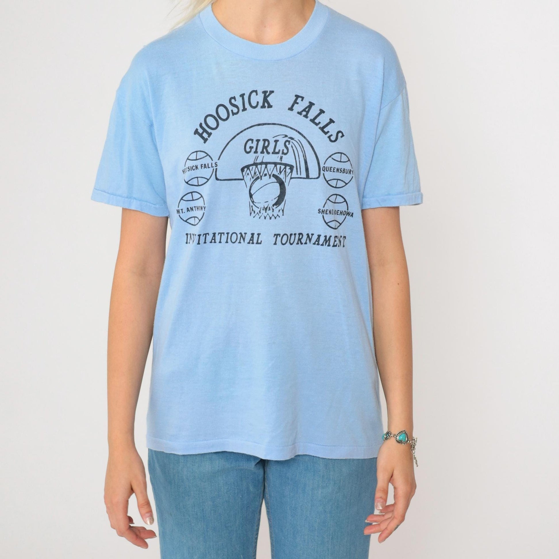 80s Hoosick Falls Girls Invitational Basketball Tournament Tee Light Blue Small