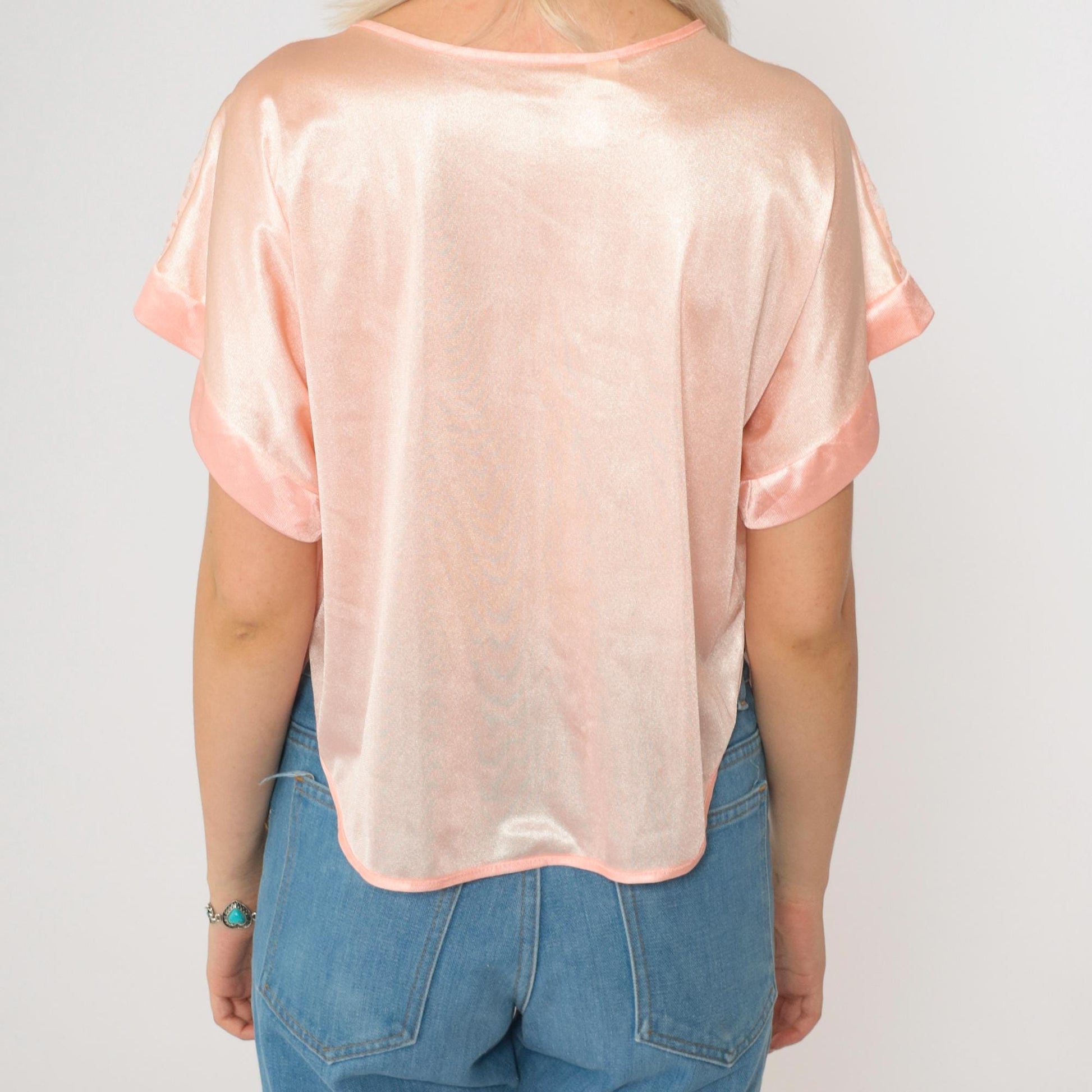 80s Baby Pink Nylon Lingerie Pajama Top Lace Button-Up Sleep Shirt Medium