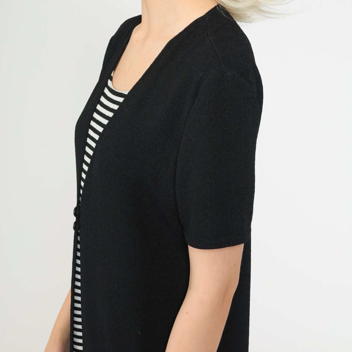90s Black Striped Knit Dress Button Front V-Neck Short Sleeve Medium