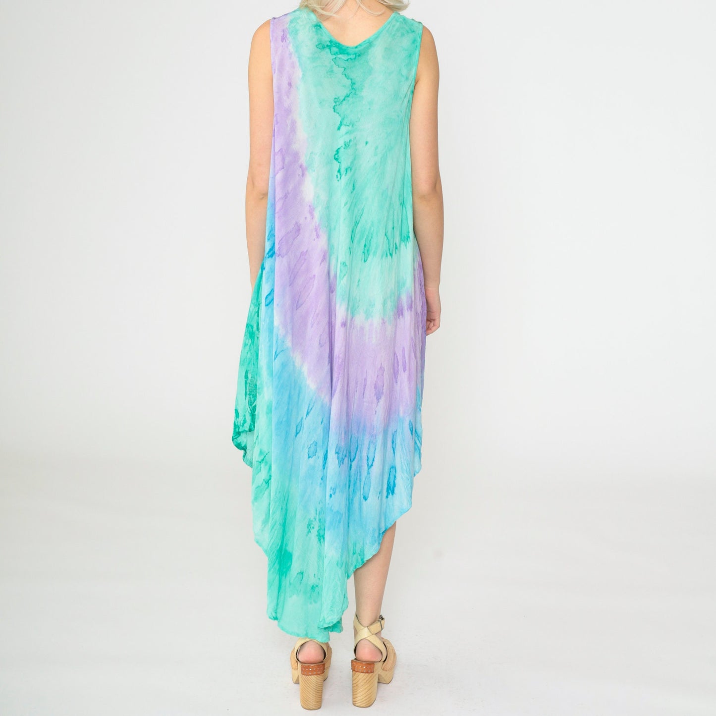 Y2K Tie-Dye Asymmetrical Sundress Sleeveless Scoop Neck Green Purple Blue XXL