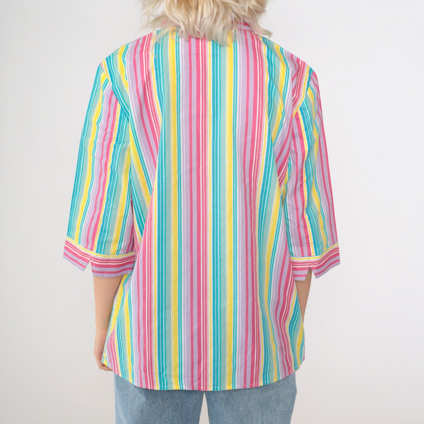 00s Striped Button Up Blouse Multicolor Rainbow Y2K Shirt Medium