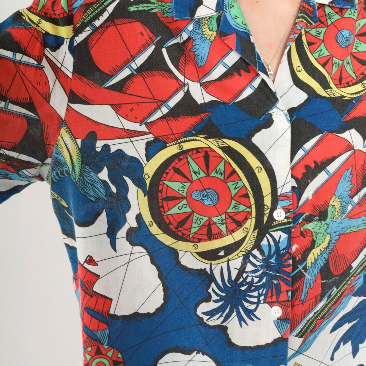 90s Nautical Print Button-Up Shirt Compass Parrot Globe Map Short Sleeve Large