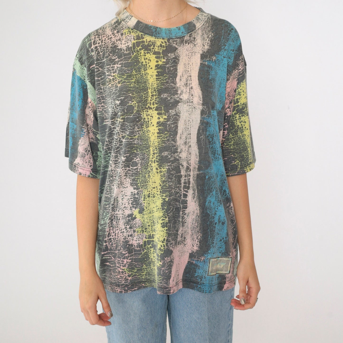 90s Lightning Bolt Abstract Crackle Stripe T-Shirt Pastel Crew Neck Medium