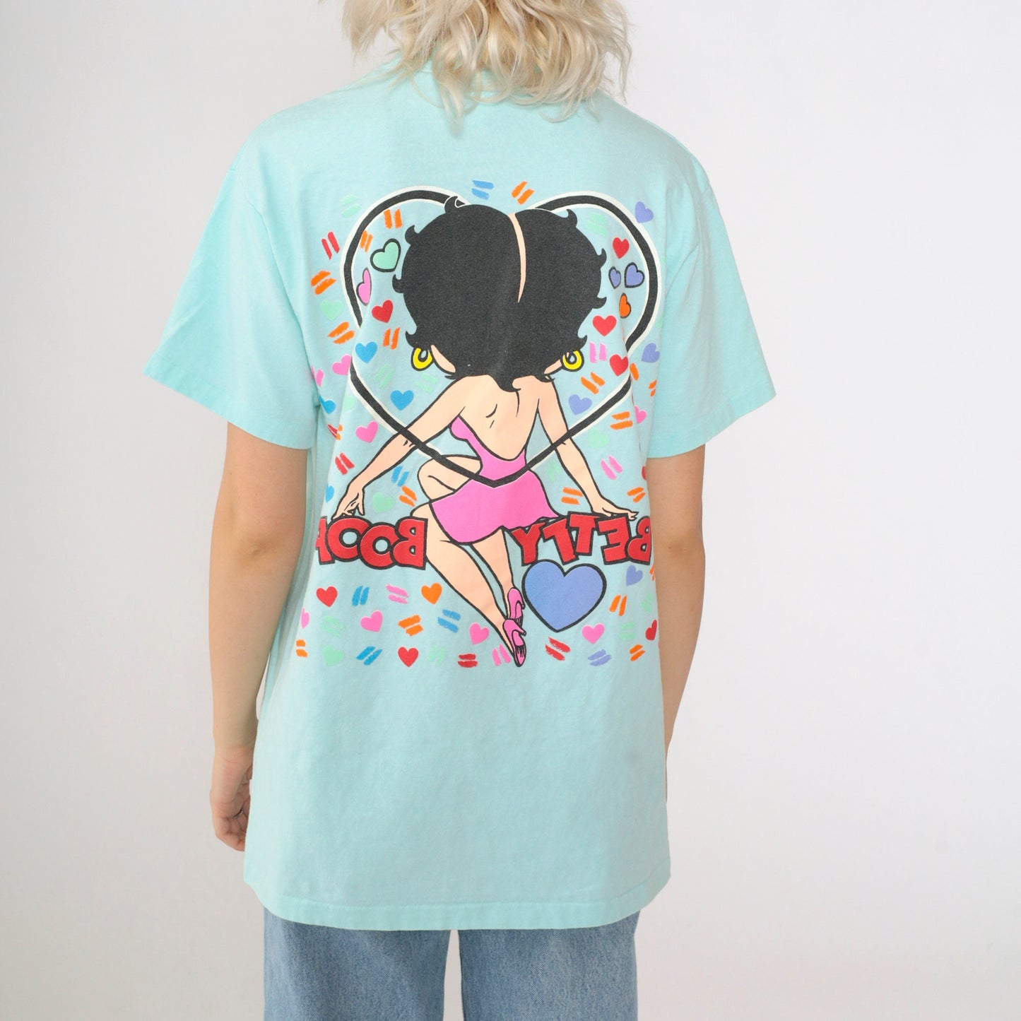 90s Betty Boop Heart Graphic T-Shirt Aqua Single Stitch Medium