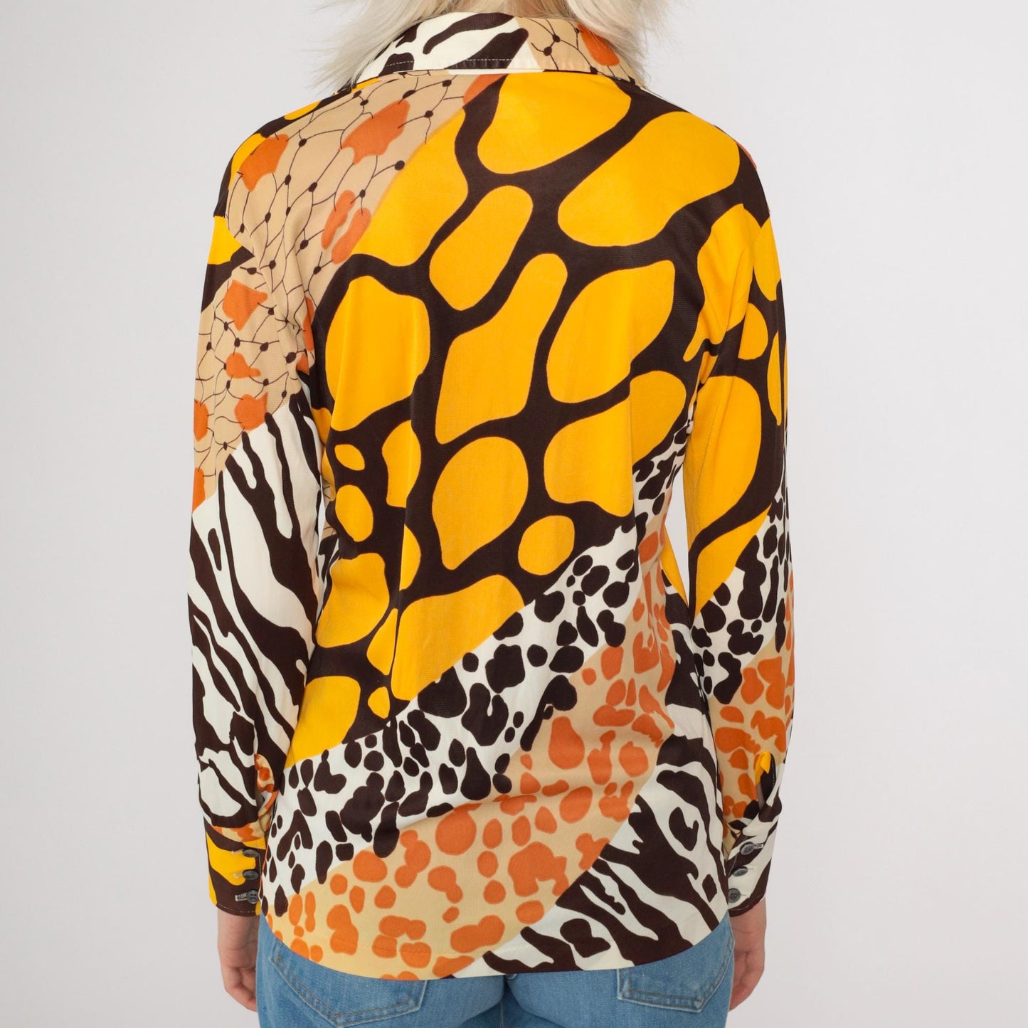 70s Mixed Animal Print Blouse Long Sleeve V-Neck Yellow Brown Small