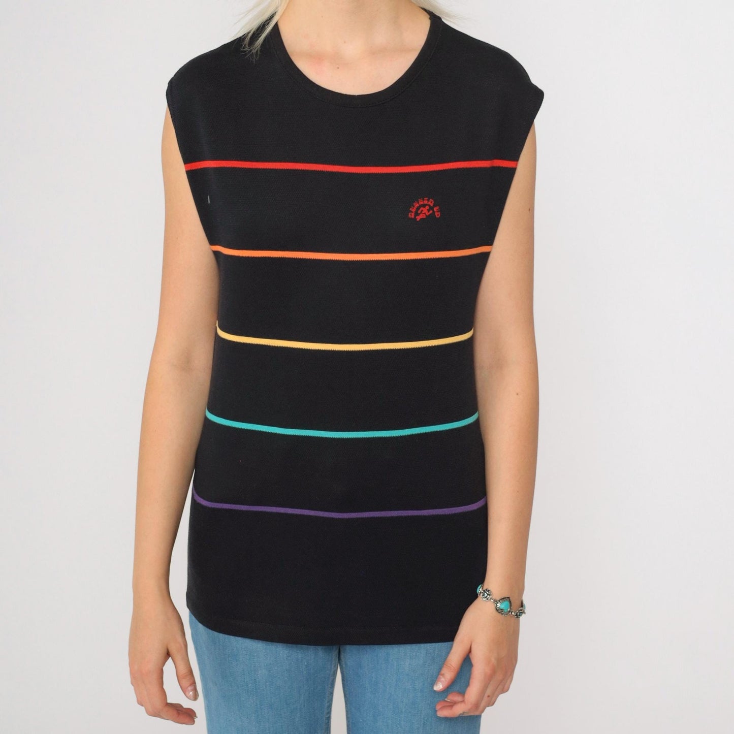 80s Runners Up Rainbow Striped Tank Top Black Muscle Shirt Small