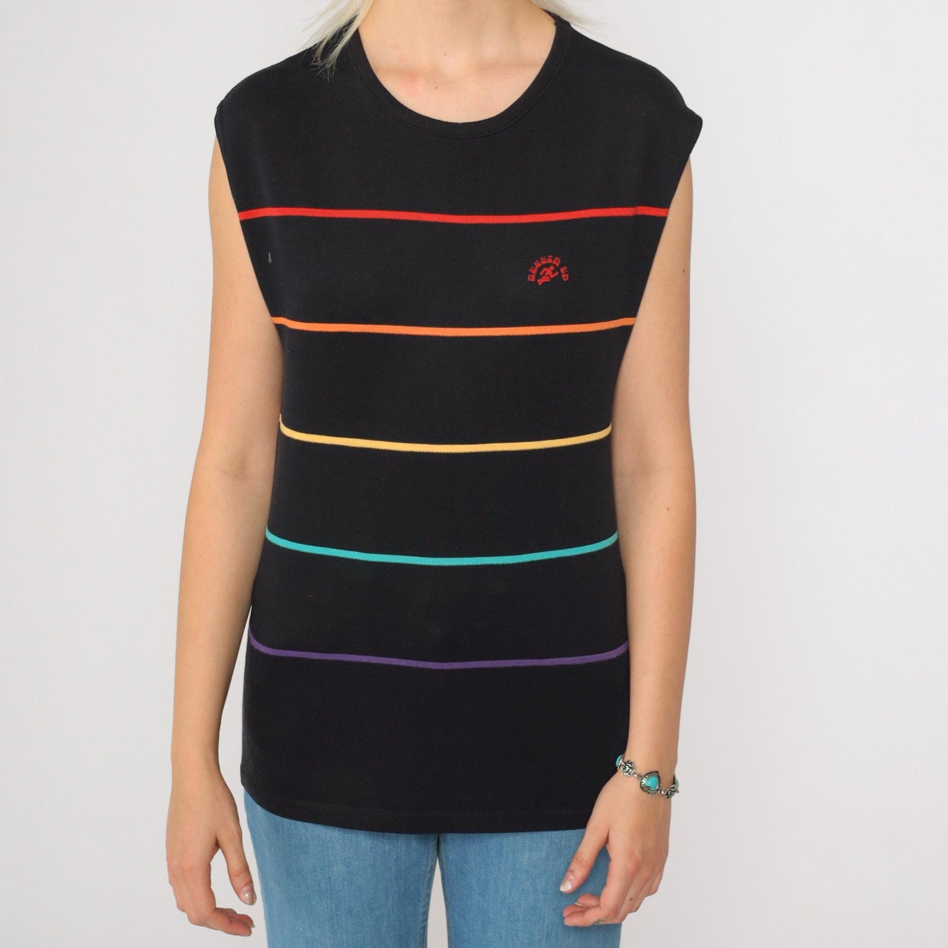 80s Runners Up Rainbow Striped Tank Top Black Muscle Shirt Small