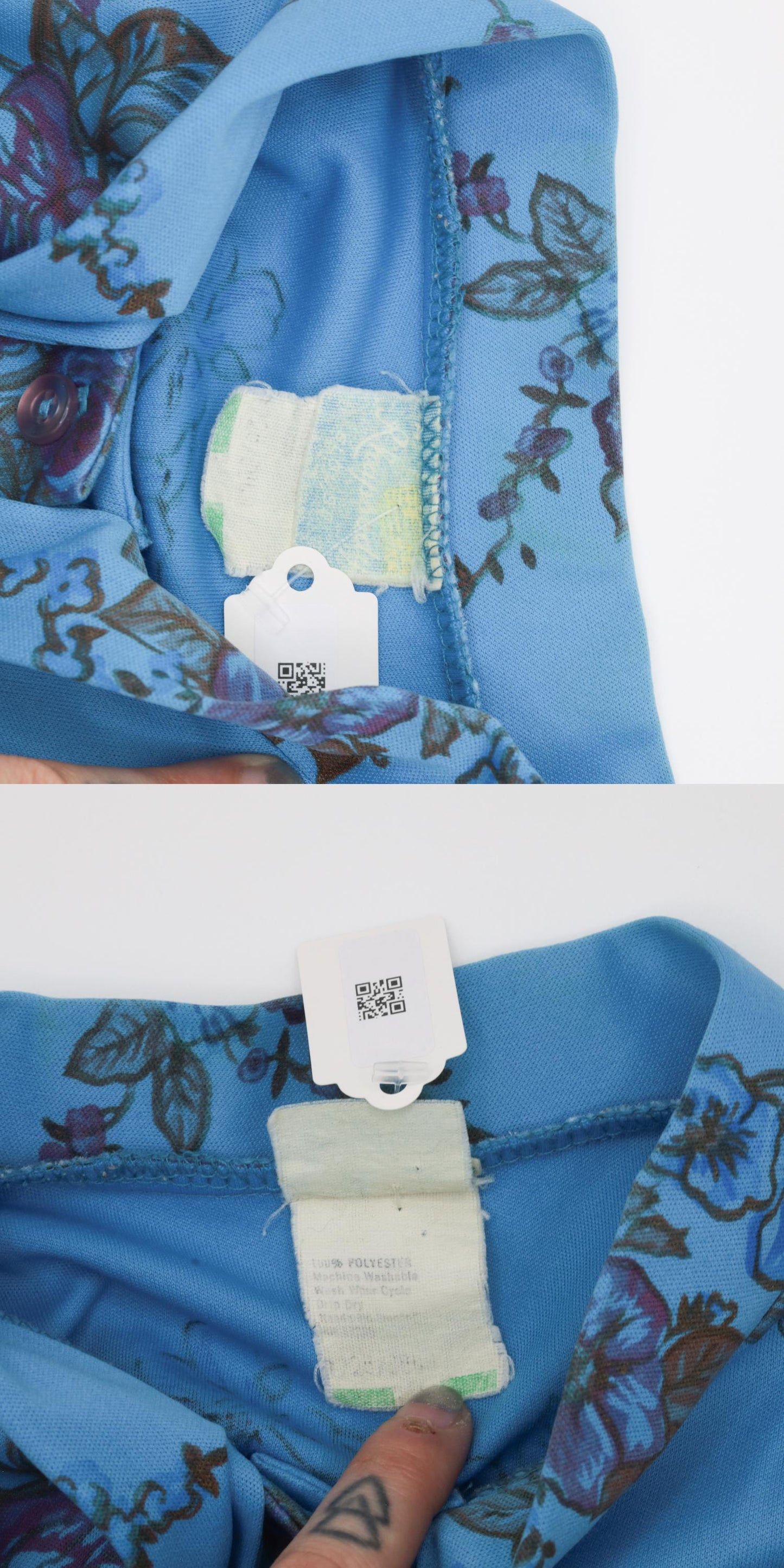 70s Blue Floral Ascot Blouse Button-Up Long Sleeve Shirt Small