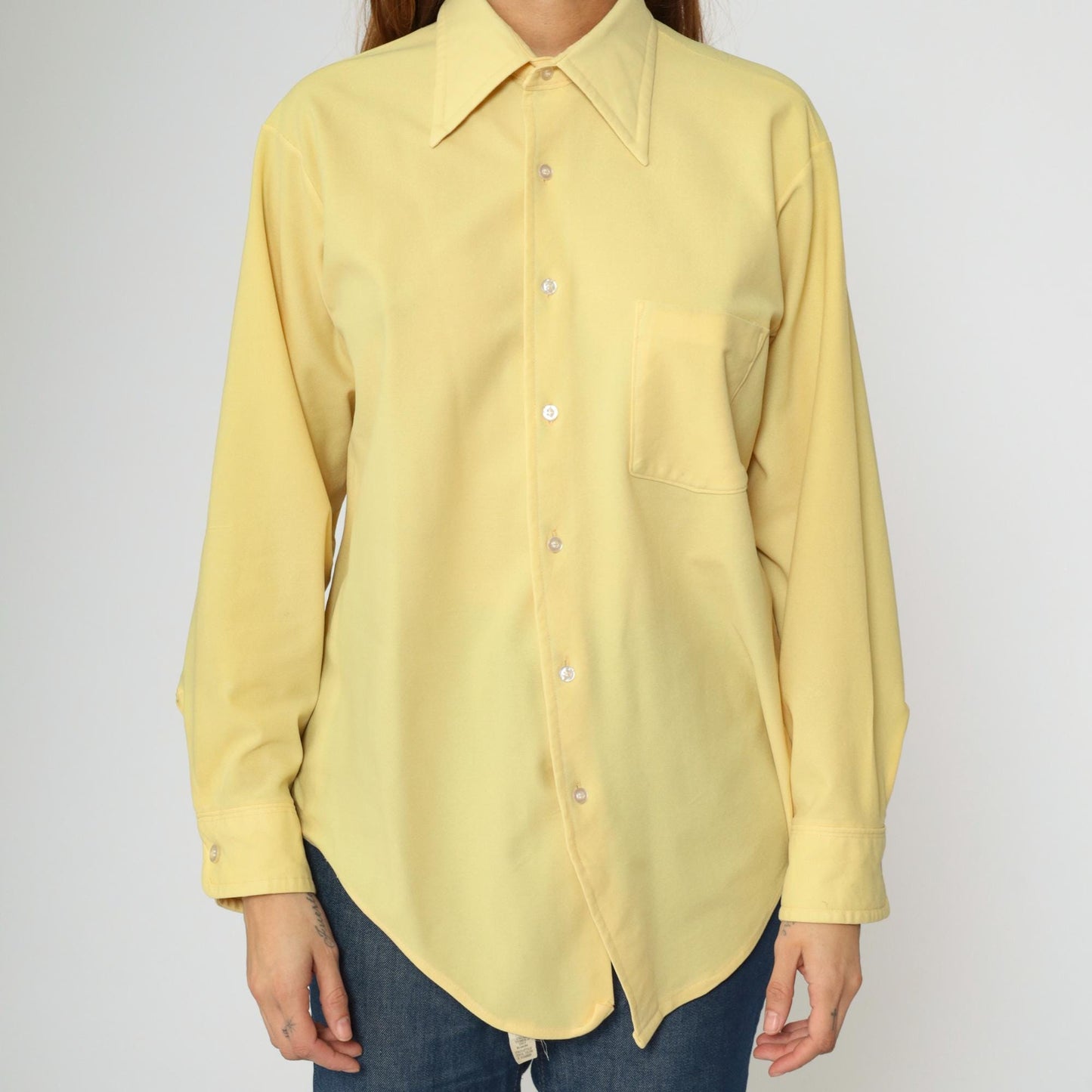 70s Van Heusen Yellow Pointed Collar Button-Up Shirt Long Sleeve Large