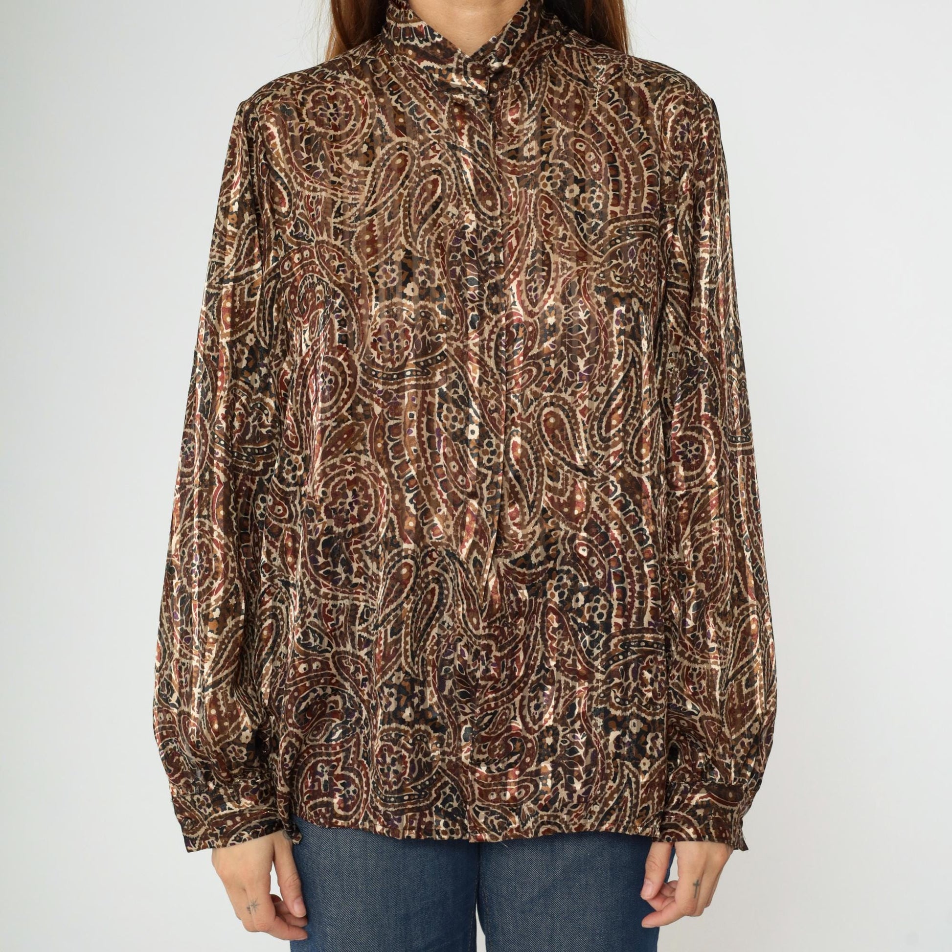 80s Yves St. Clair Paisley Puff Sleeve Blouse Metallic High Collar Large