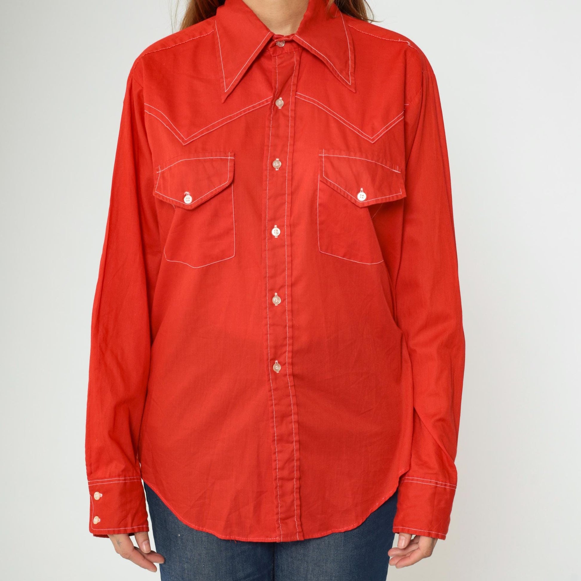 70s Van Cort Western Shirt Red Dagger Collar Topstitch Button Up Large