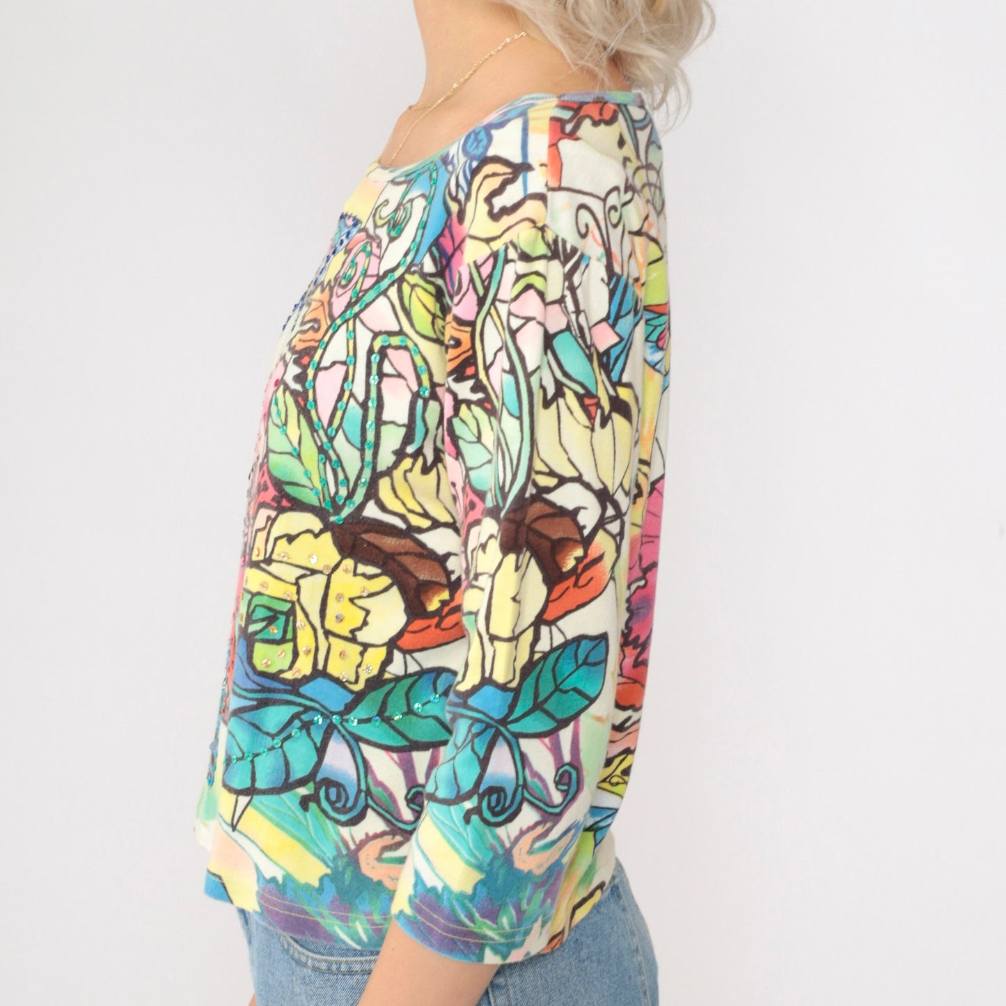 90s Sequin Butterfly Floral Blouse Multicolor Print Scoop Neck Small S
