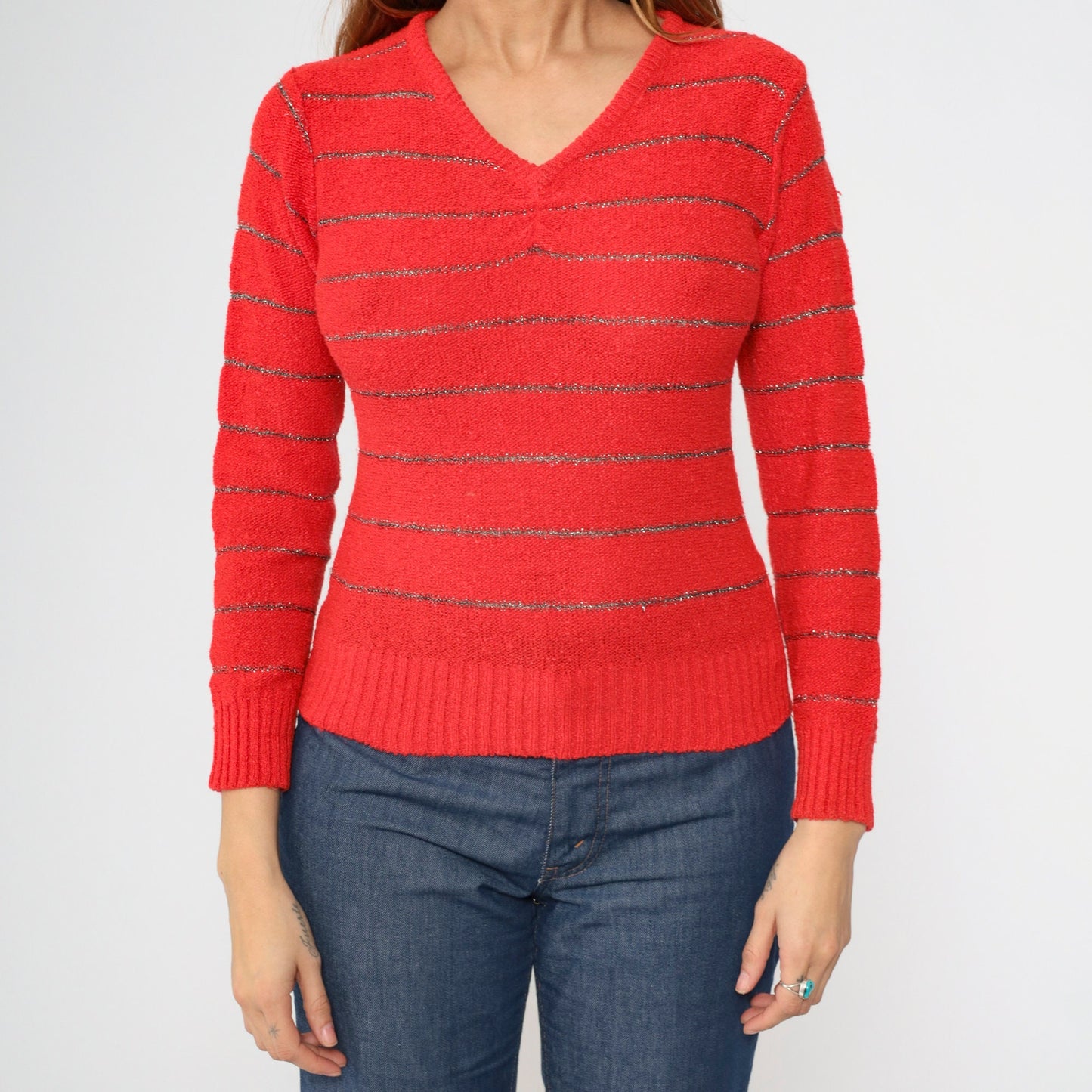 70s Metallic Striped Sweater Red Silver V-Neck Pullover Knit Small