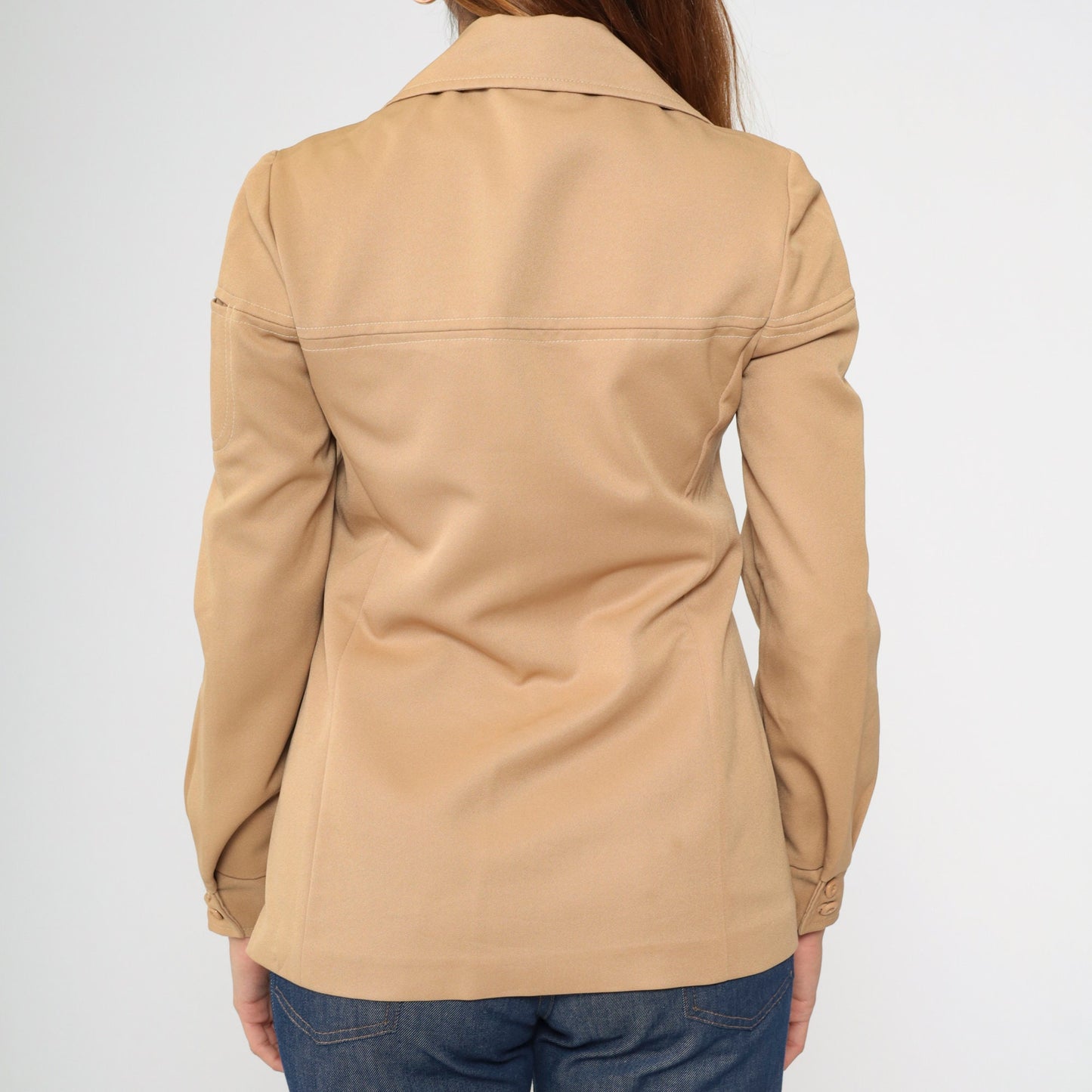 70s Tan Button-Up Blouse Dagger Collar Long Sleeve Pocket Shirt Small