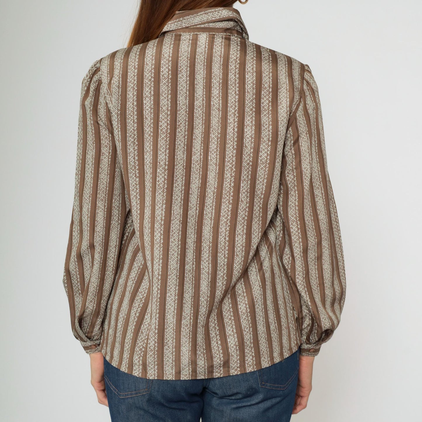 80s Brown & White Striped Puff Sleeve Blouse Collared Button Up Medium