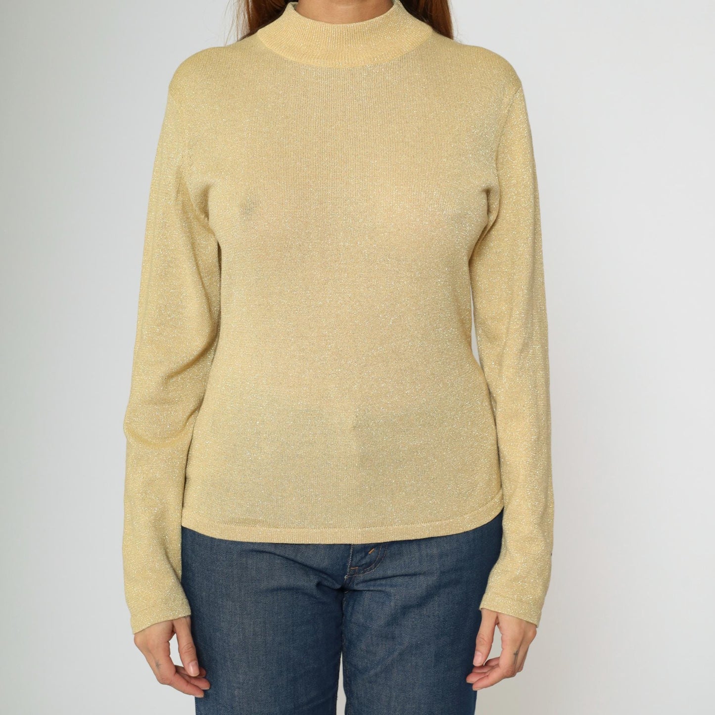 90s Metallic Gold Mock Neck Sweater Sparkly Knit Pullover Medium