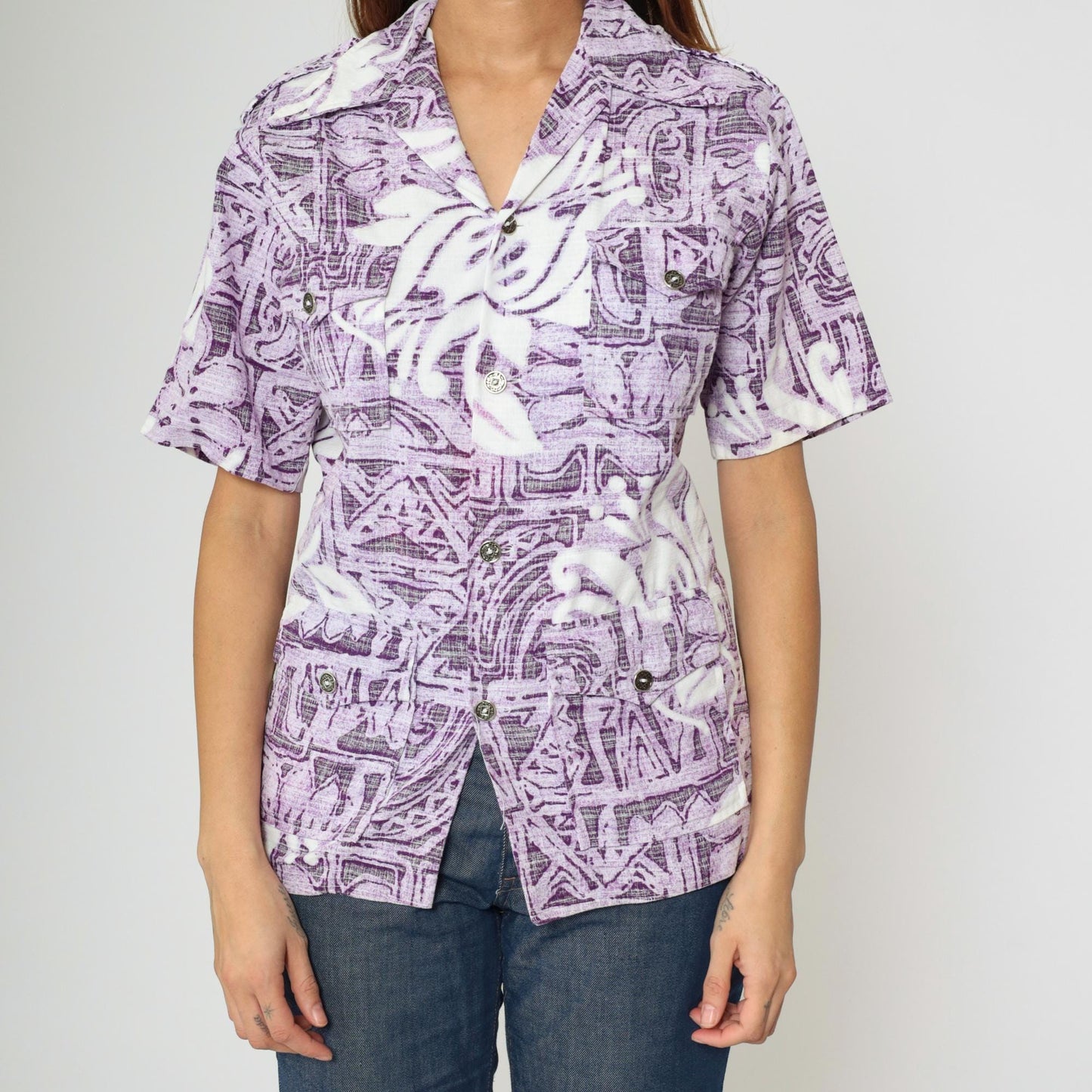 70s Rai Dani Hawaii Purple Floral Geometric Button-Up Shirt Extra Small