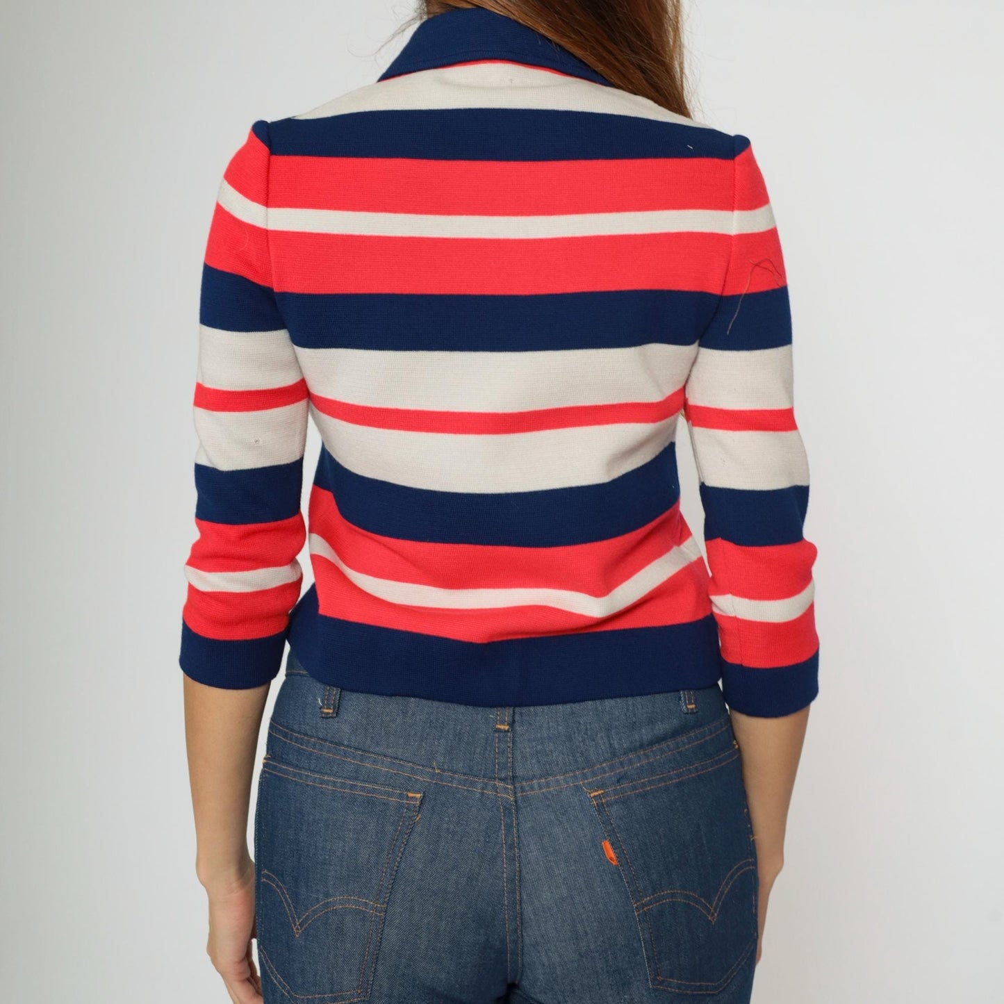 60s Striped Wool Cardigan Sweater Cropped Navy Pink White Small
