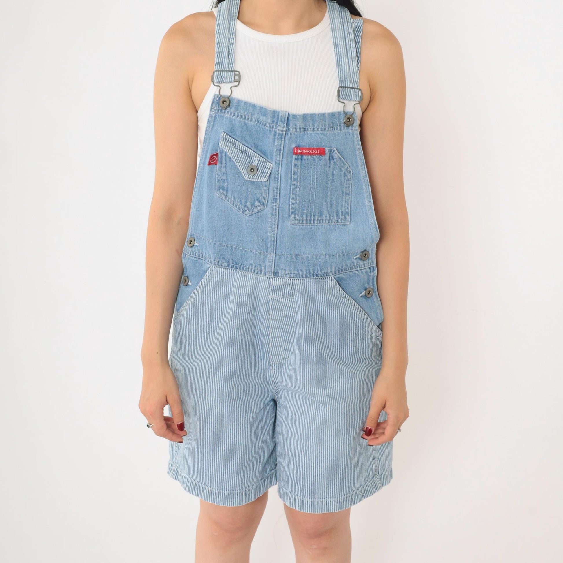 90s No Excuses Striped Denim Shortalls Blue White Hickory Bib Shorts Small
