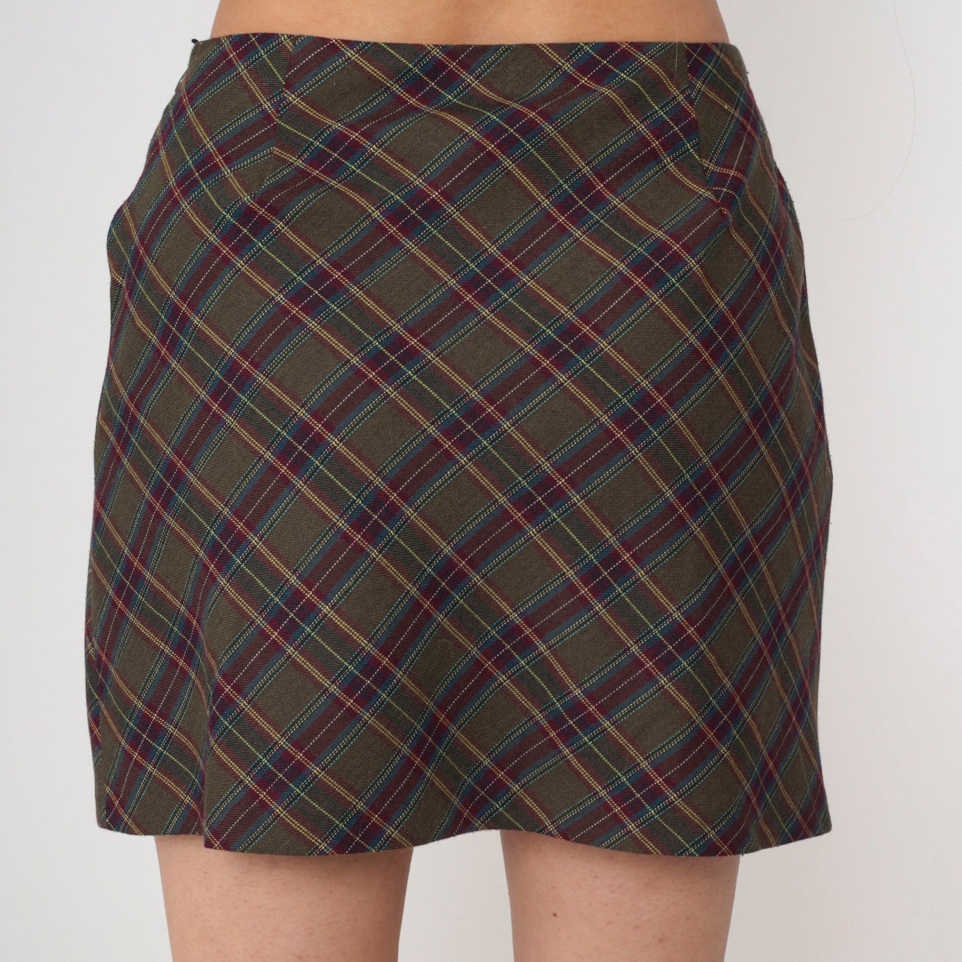 00s Plaid Mini Skirt Olive Burgundy Tartan High Waisted School Girl Medium