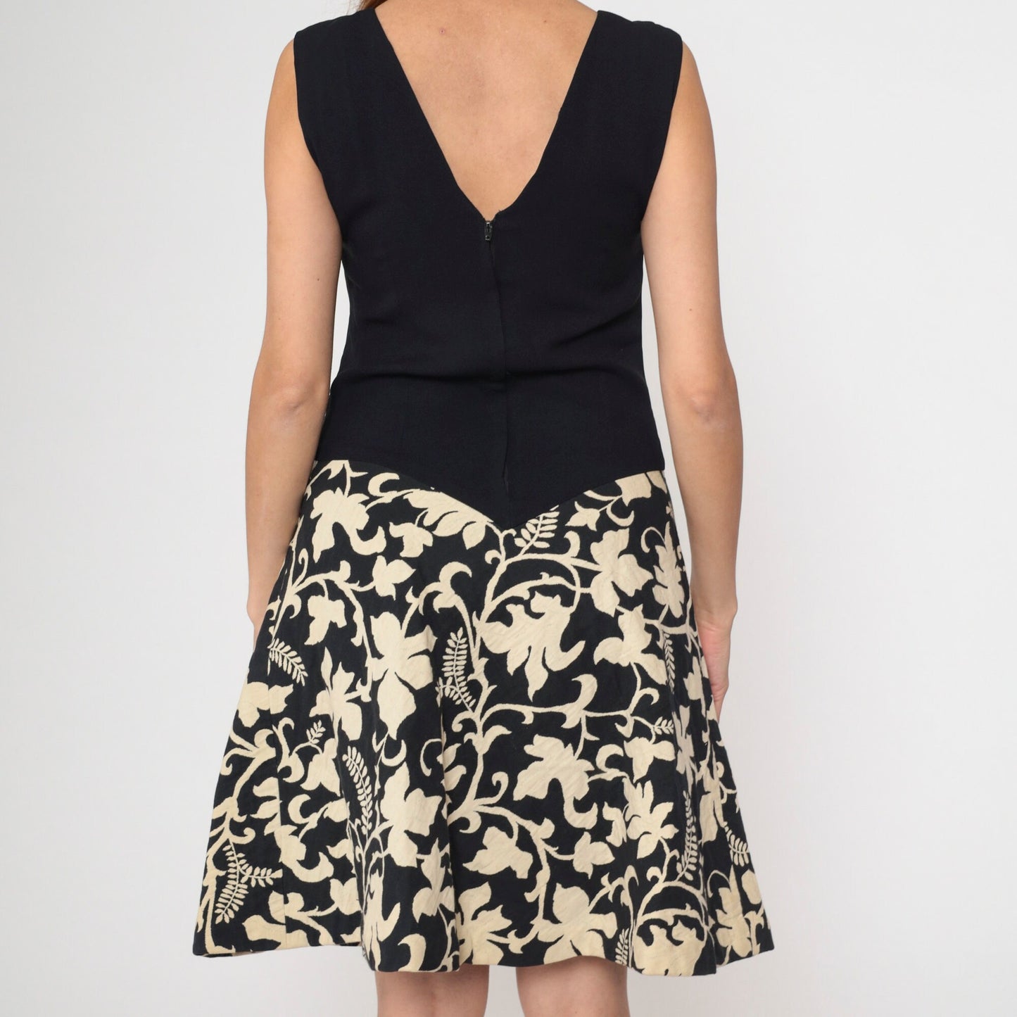 1960s Robinson's California Black Cream Floral Fit and Flare Dress V-Back Medium