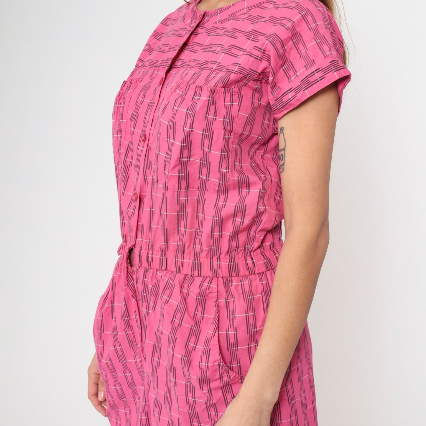 80s Bentley Pink Plaid Romper Button Front Short Sleeve Medium Large