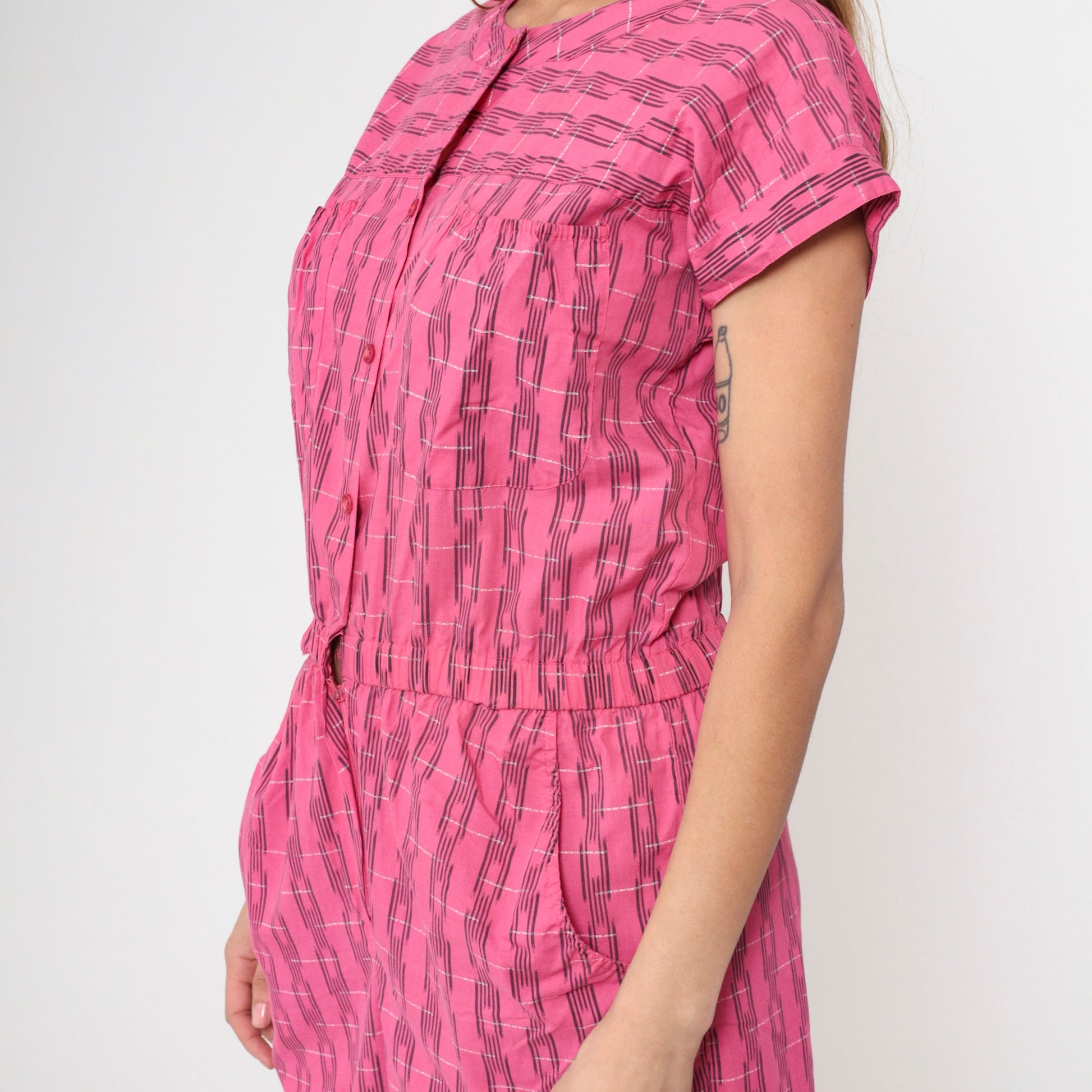 80s Bentley Pink Plaid Romper Button Front Short Sleeve Medium Large