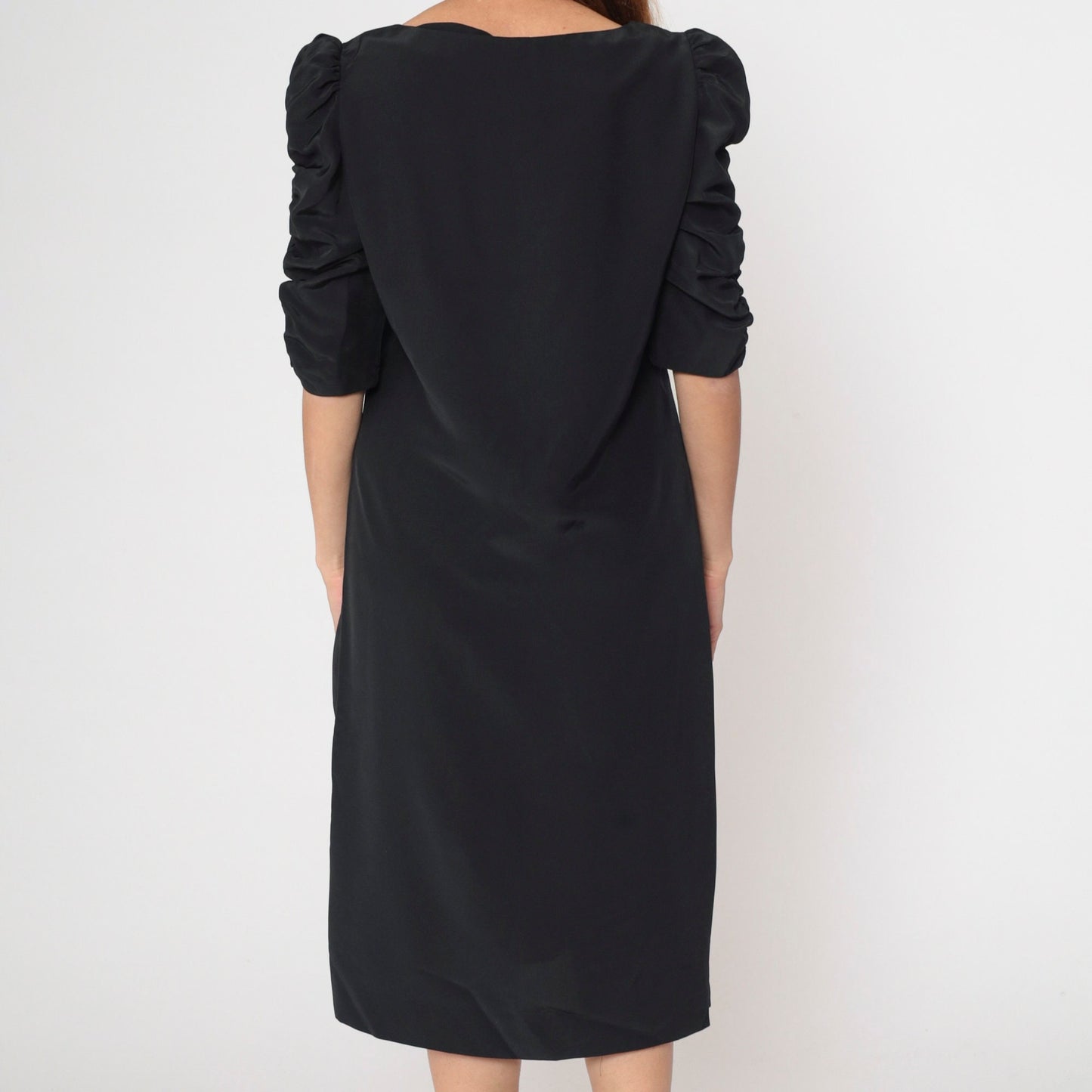 80s Black Puff Sleeve Shift Dress Midi Ruched Boatneck Medium