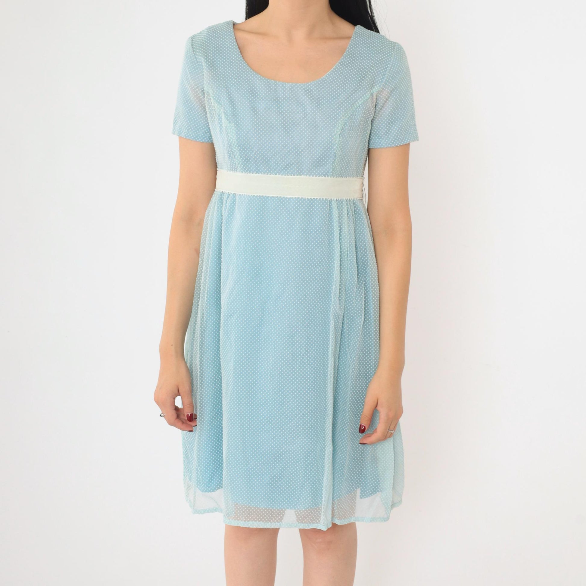 1970s Swiss Dot Babydoll Mini Dress Baby Blue Empire Waist Extra Small