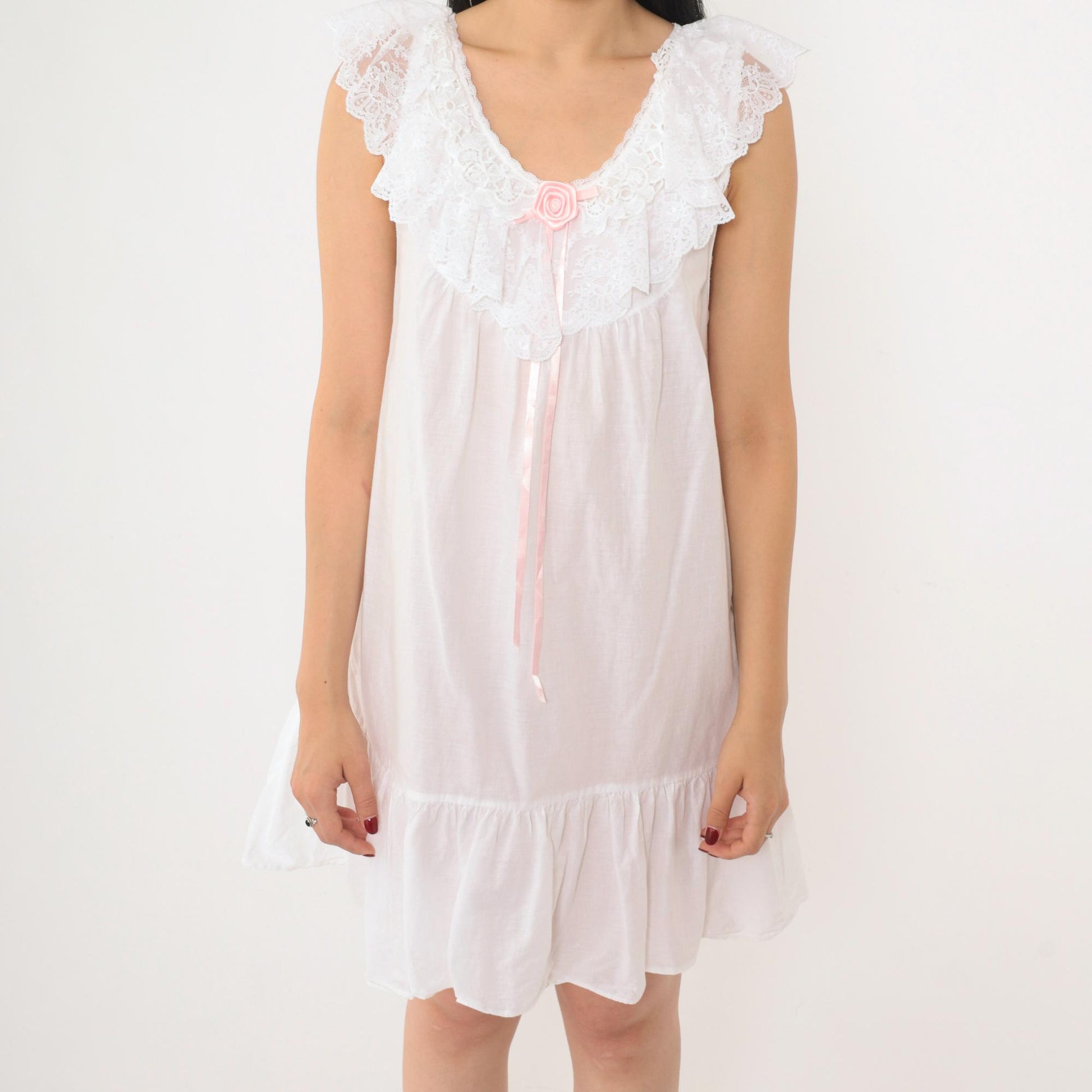80s White Nightgown Pink Rose Lace Trim Sleeveless Babydoll Small