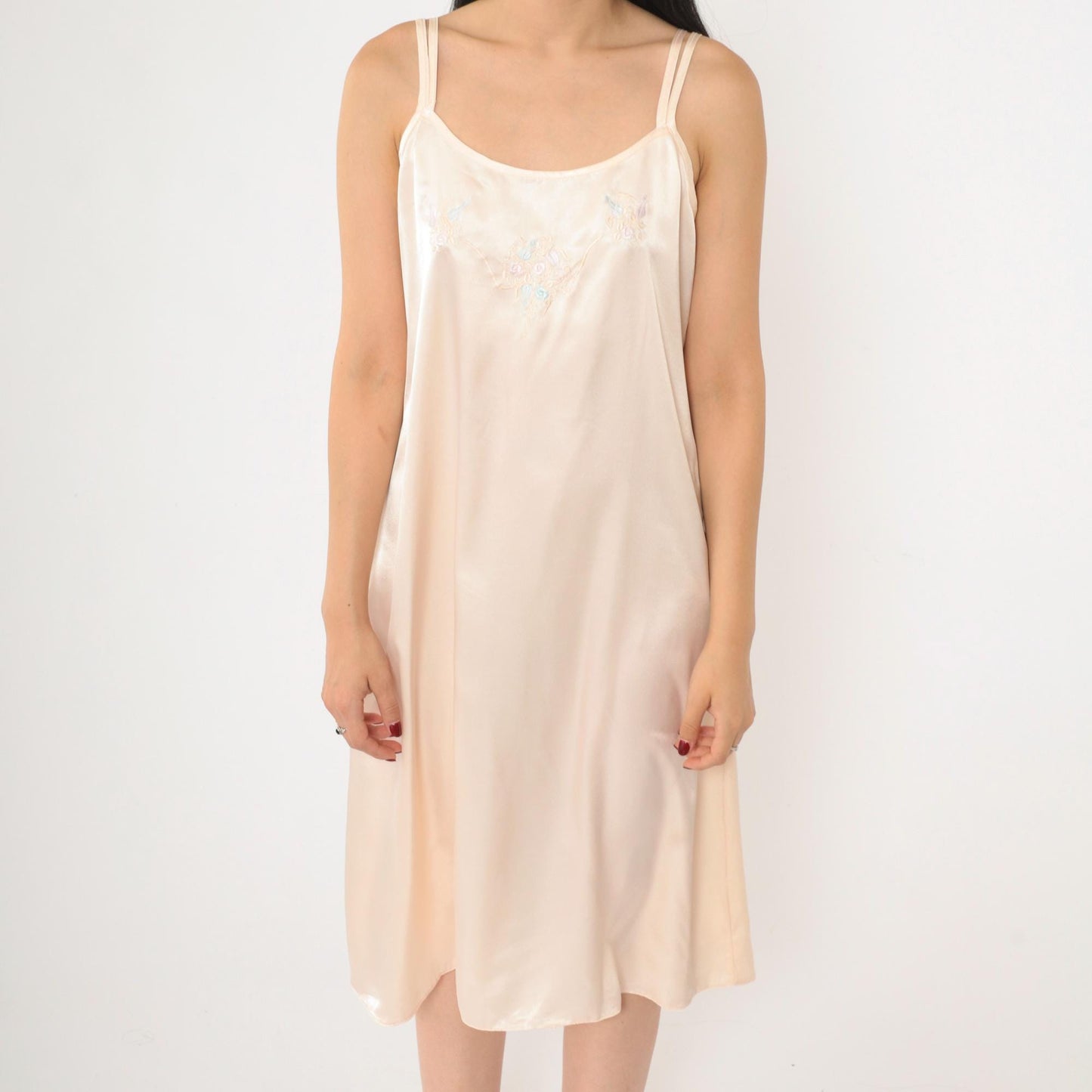 90s Floral Embroidered Slip Dress Pale Pink Satin Midi Chemise Medium