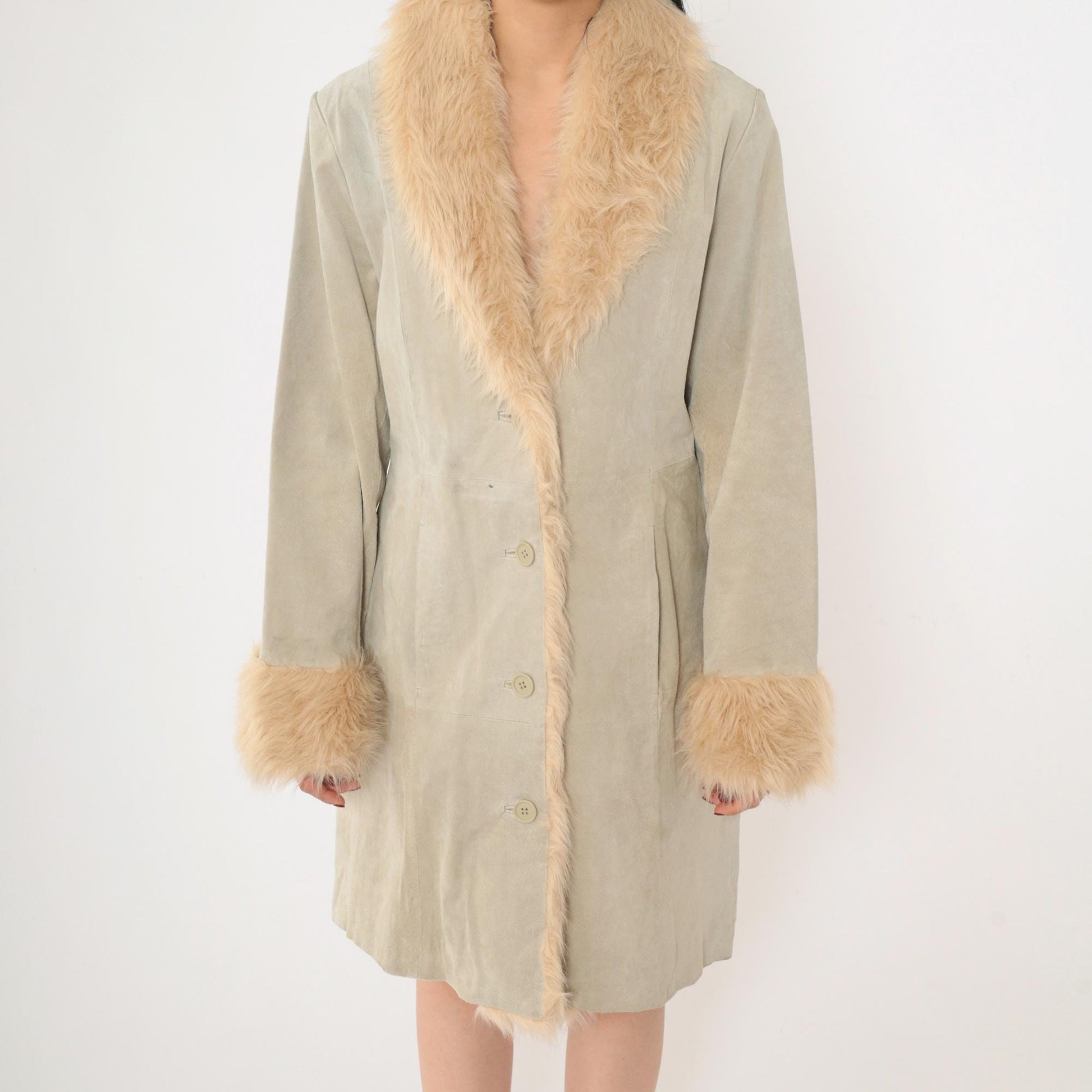 Y2K Grey Suede Jacket Faux Fur Trim Button Up Wilsons Medium
